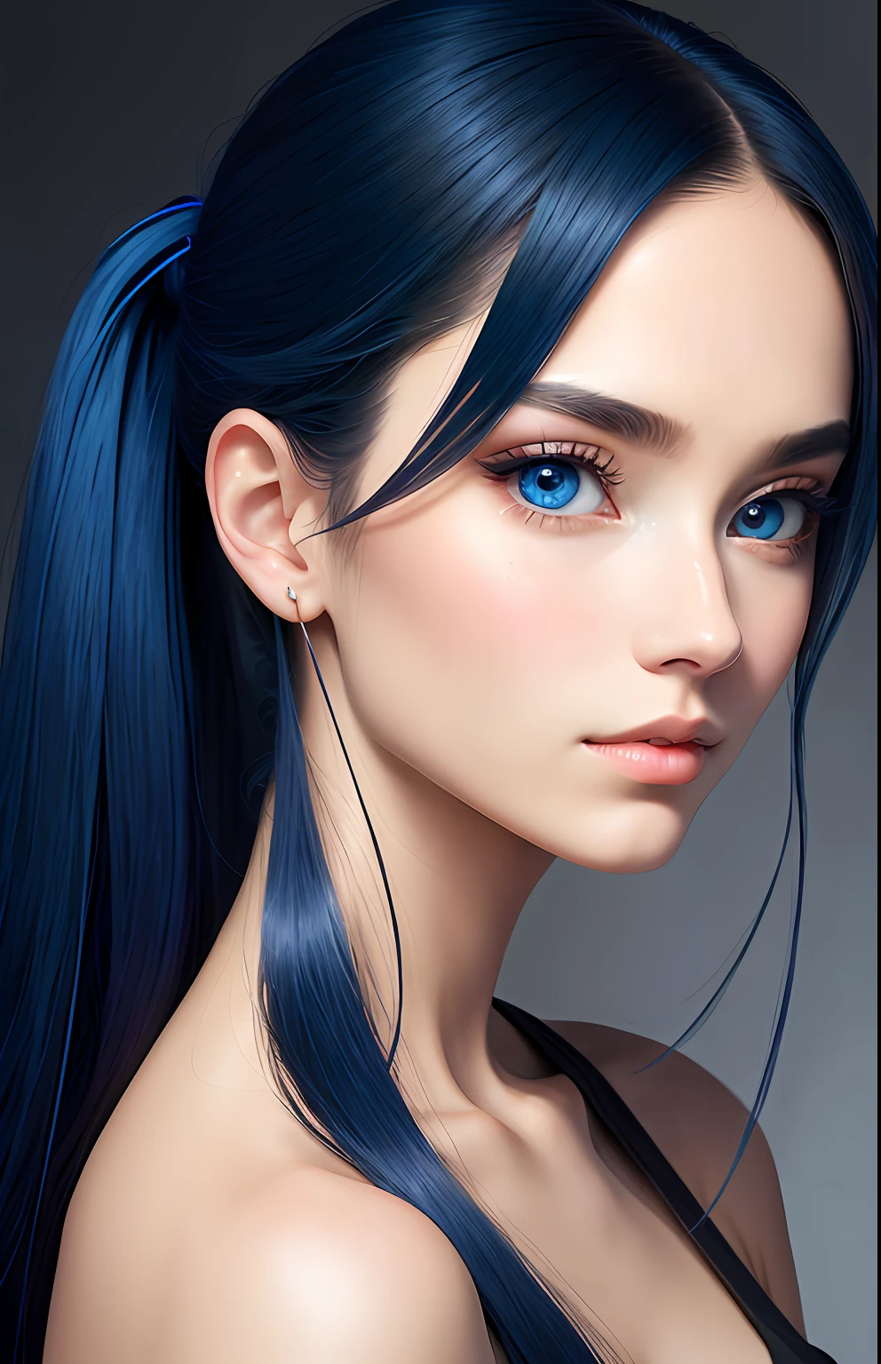 animesque、One Person18Beautiful woman of age、Moisturized eyes、Casual clothing、a picture、androgynous hunnuman、oval jaw、Delicate features、beautiful countenance、The hair、long pony tail、Blue eyes with a beautiful glow、LDS Art