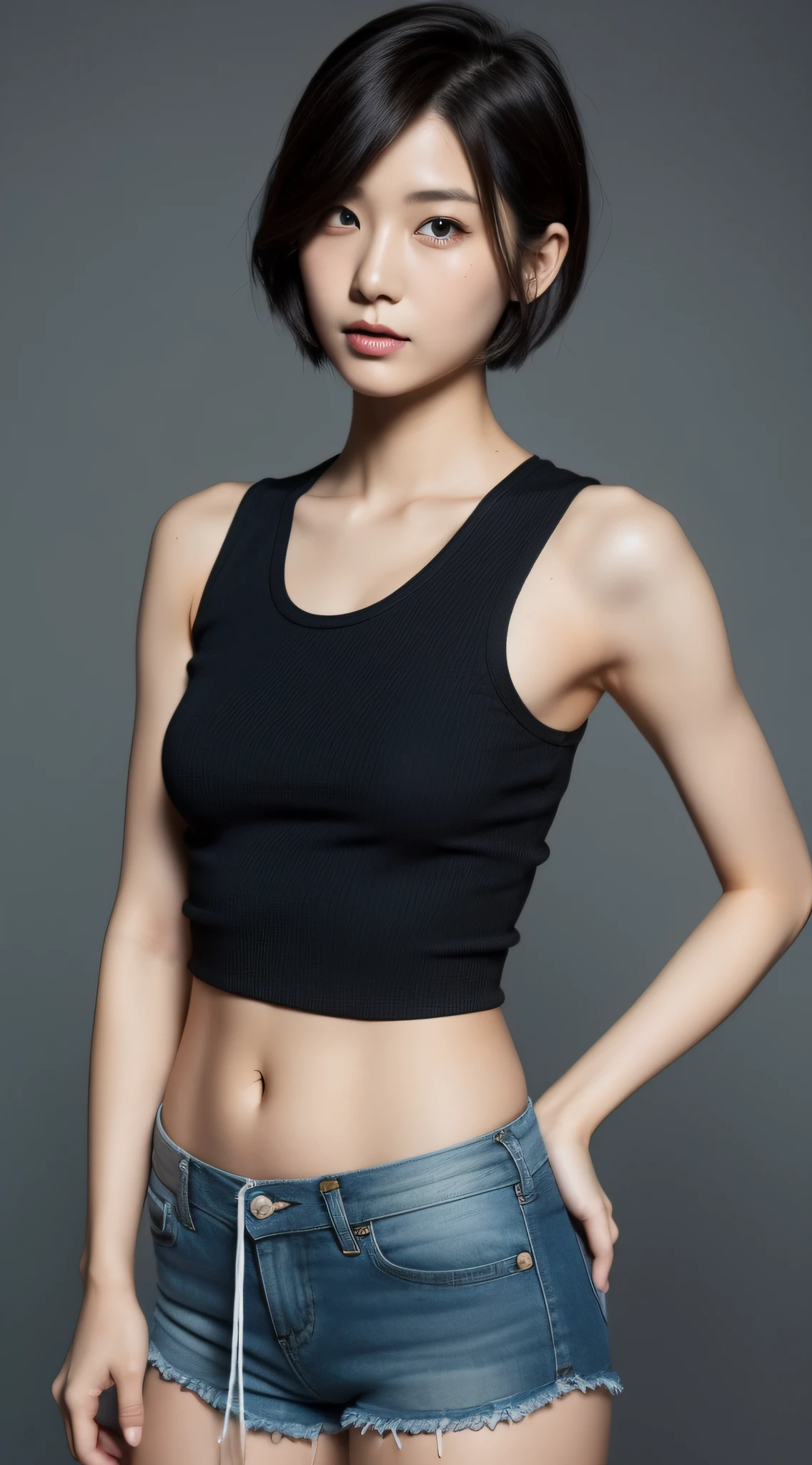 Asian woman in black top and blue shorts poses for photo, With short hair, she is wearing a black tank top, Japanese Models, tight black tanktop,