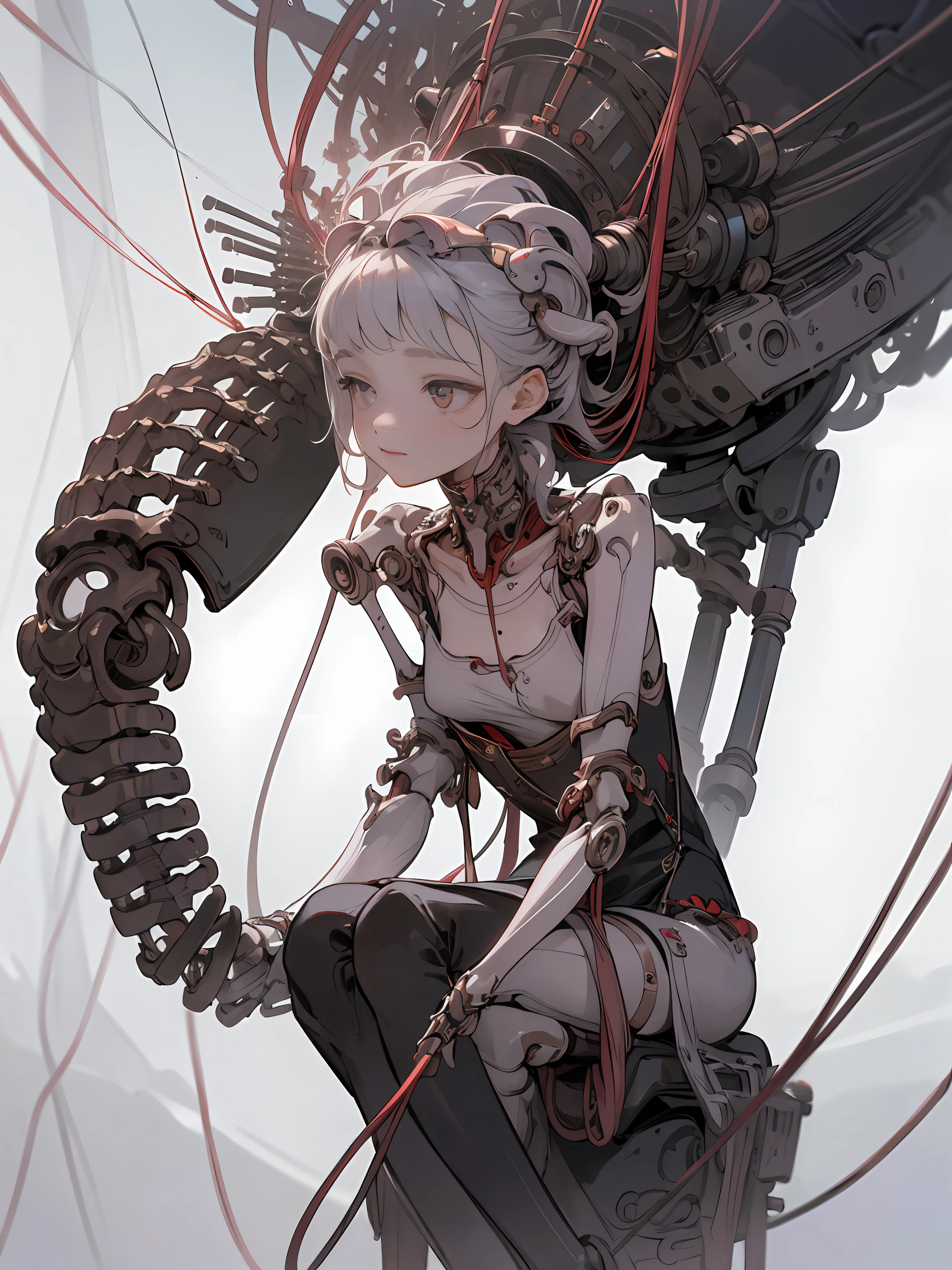 (Masterpiece, Top Quality, Best Quality, Official Art, Beautiful Indulgence: 1.2), (1 Girl: 1.3), Very Detailed, Colorful, Supreme Detail ((Ultra Detailed)), (Highly Detailed CG Illustration), ((From (Very Delicate and Beautiful)), (From Before), Cinematic Light, (1 Mechanical Girl)), Solo, Full Body, (Mechanical Joints: 1.2), ((Mechanical limbs)), (Blood vessels connected to tubes), ( Mechanical vertebrae attached to the back), ((Mechanical cervical vertebrae attached to the neck)), (sitting), expressionless, (wires and cables attached to the neck: 1.2), (Wires and cables attached to the neck: 1.2), (Character focus), science fiction, white background, (Blood: 1.5)