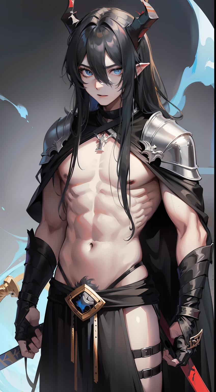 young boy, Long, black, unkempt hair,, Cyan eyes, brawn, Viking, open torso, horned helmet, a sword, grimm, Masterpiece, hiquality