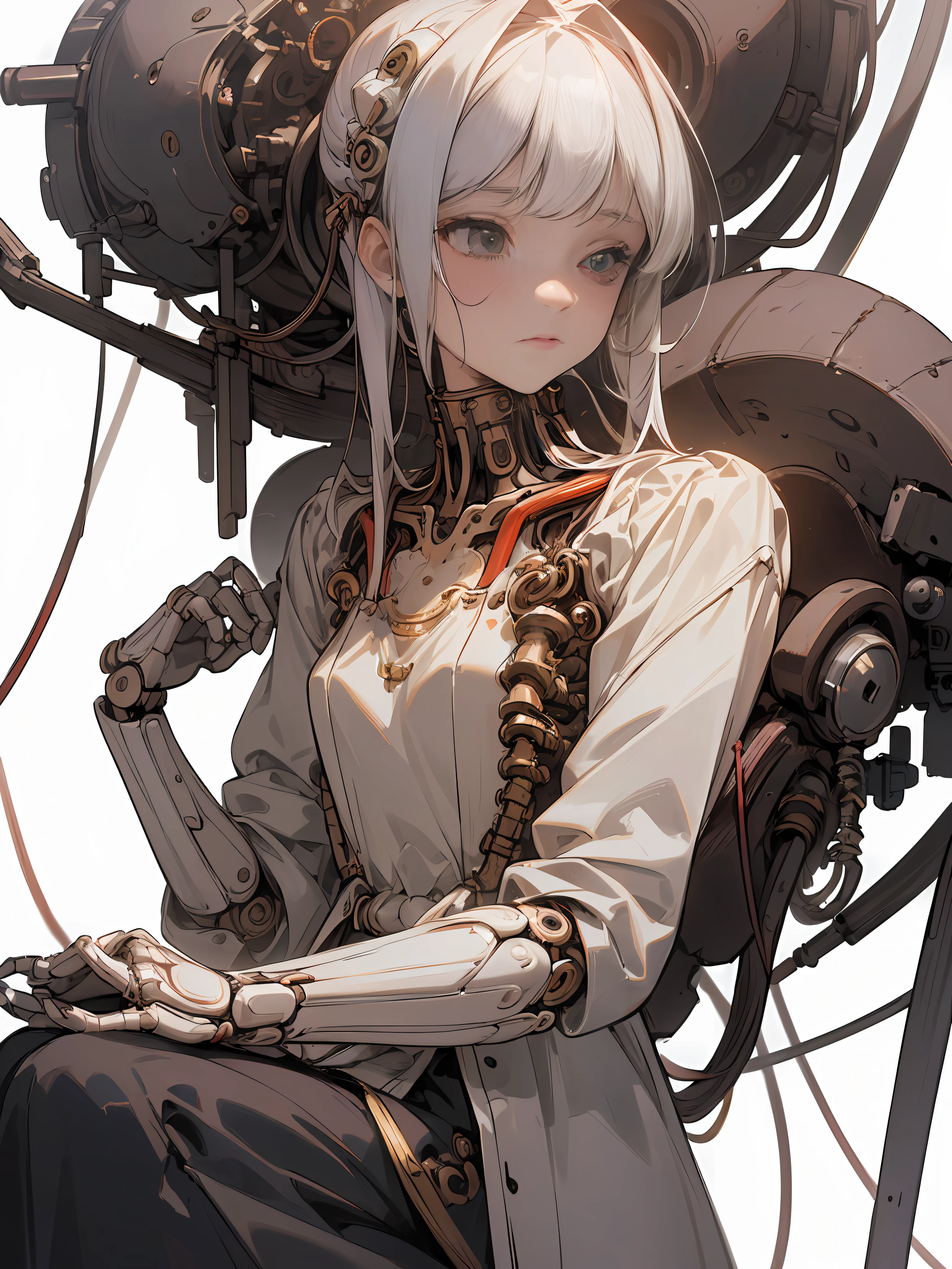 (Masterpiece, Top Quality, Best Quality, Official Art, Beautiful Indulgence: 1.2), (1 Girl: 1.3), Very Detailed, Colorful, Supreme Detail ((Ultra Detailed)), (Highly Detailed CG Illustration), ((From (Very Delicate and Beautiful)), (From Before), Cinematic Light, (1 Mechanical Girl)), Solo, Full Body, (Mechanical Joints: 1.2), ((Mechanical limbs)), (Blood vessels connected to tubes), ( Mechanical vertebrae attached to the back), ((Mechanical cervical vertebrae attached to the neck)), (sitting), expressionless, (wires and cables attached to the neck: 1.2), (Wires and cables attached to the neck: 1.2), (Character focus), science fiction, white background, (Blood: 1.5)
