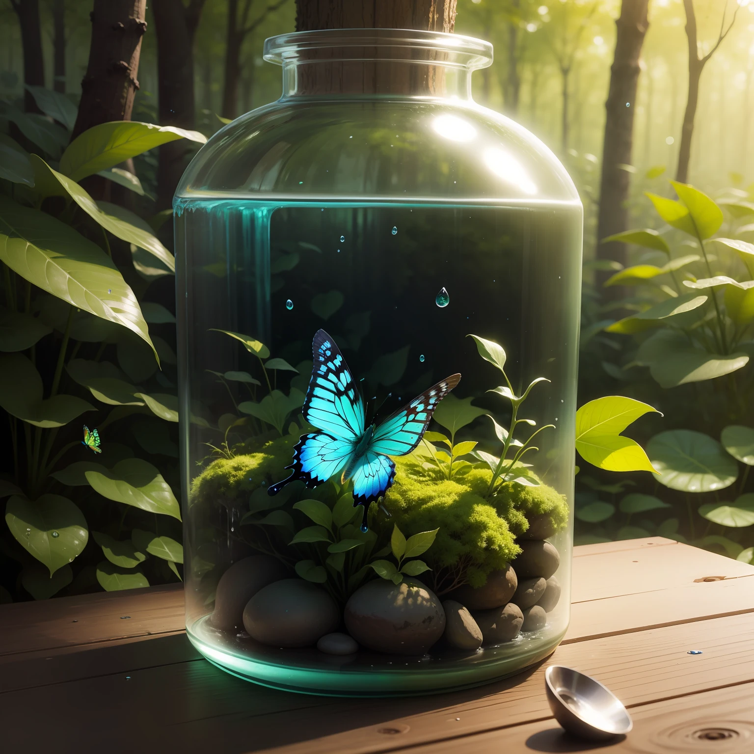 green forest，A blue bottle，There are water droplets on the bottle，butterflies flying，rivulets