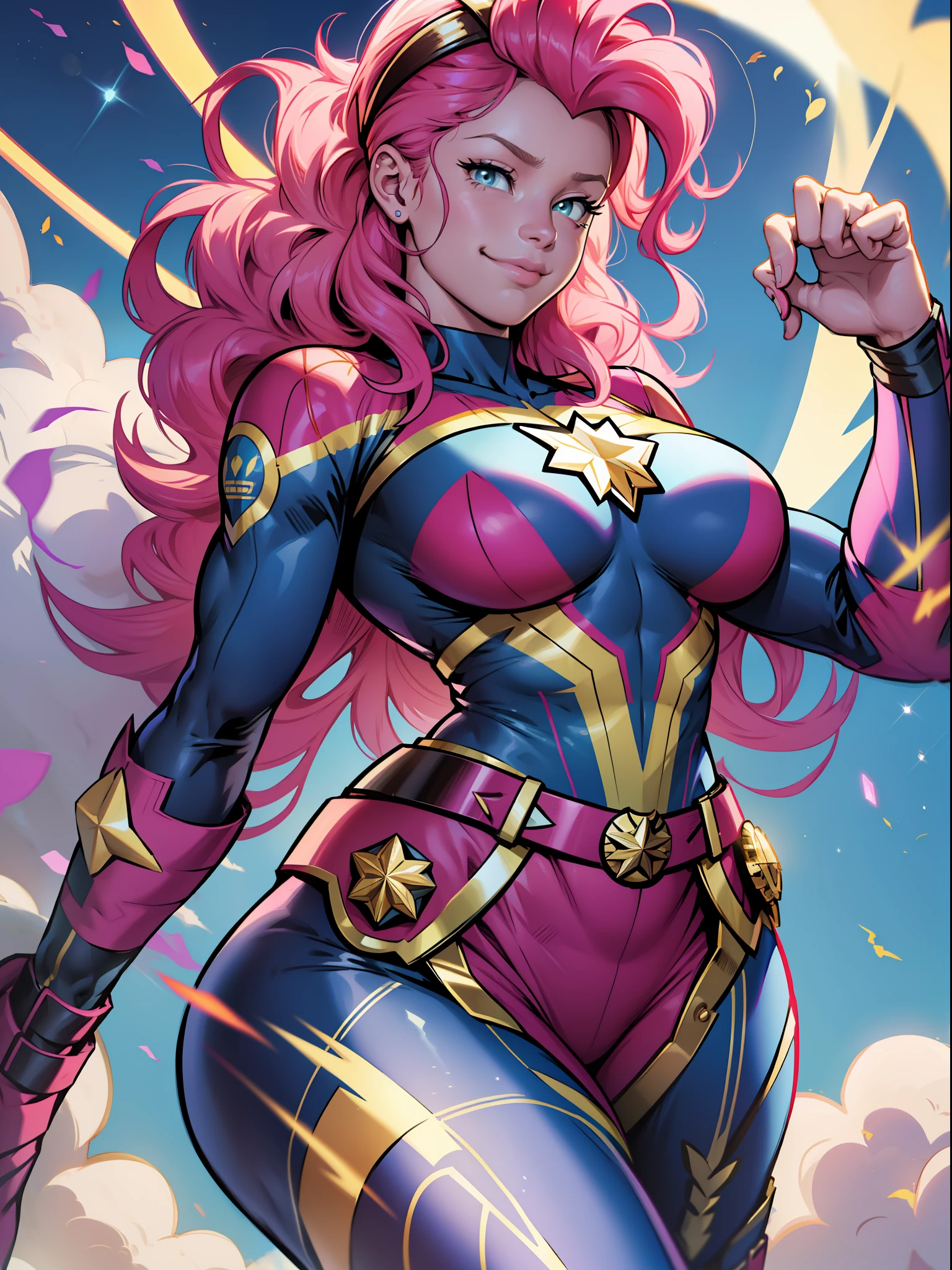 Pinkie Pie, Huge-breasts, Lush breasts, Elastic breasts, hairlong, Luxurious hairstyle, In the costume of Captain Marvel, pink blue suit, Elegant boots, in the sky, superhero, brawn, in full height, smirk, Magic, Flight beam, beste-Qualit, Very detailed, 8K quality, in full height