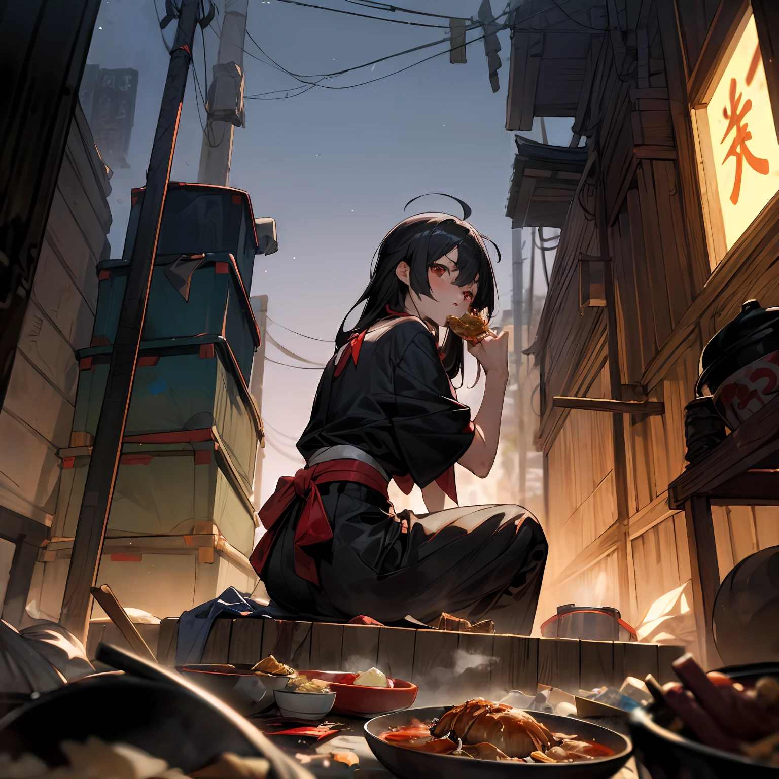 (masterpiece, best quality),(from below,night,trash,junk:1.3),(Back alley in Japan,casserole),1girl,eating,sit on the ground,messy,empty can,black hair,long hair,messy hair,red eyes,black clothes,crate,skewer,tokkuri,sukiyaki,oden