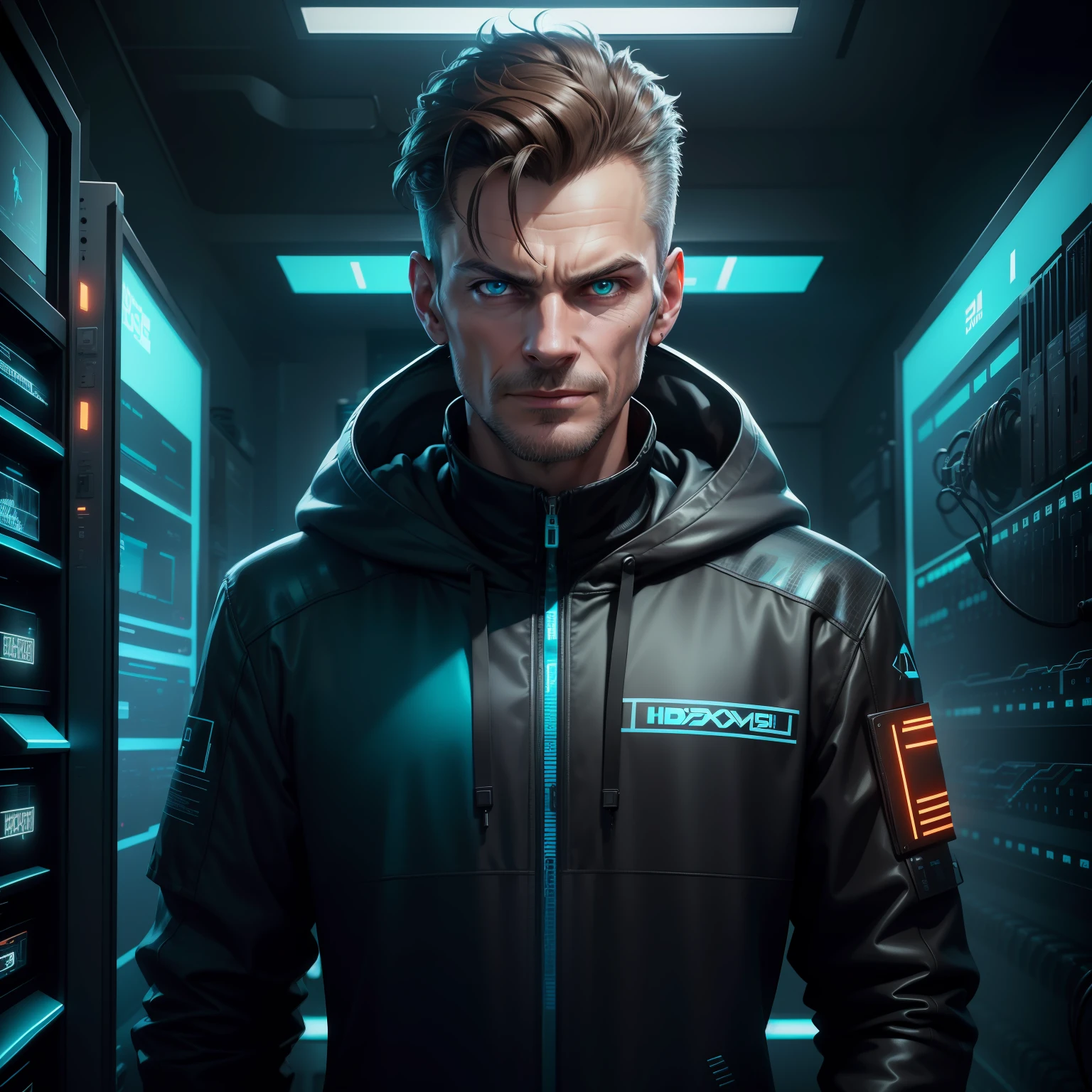 (Absurdres, Intricate Details, Masterpiece, Best Quality, High Resolution, 8k), 1 male, swedish, mature, aged up, handsome, finely detailed eyes and face, brown quiff hair, teal eyes, looking at viewer, solo, (full body:0.6), detailed background, detailed face, (CircuitBoardAI, electronic theme:1.1) evil high-tech futuristic hacker, smirk, advanced technology, hoodie, techwear,  keycard, cables,   (holographic display:1.05), error message,  computer, password, server room in background, orange lights, cyber-warfare, dark sinister atmosphere,  Depth of Field, VFX.