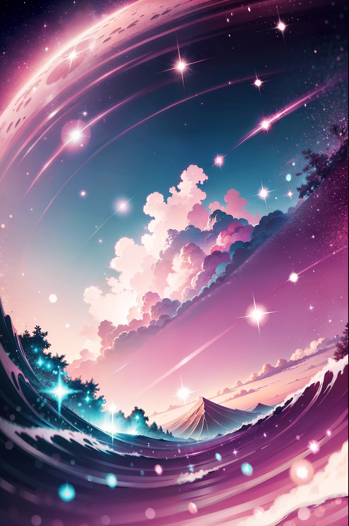 Fundo rosa claro, glitter, nuvens brancas, estilo anime