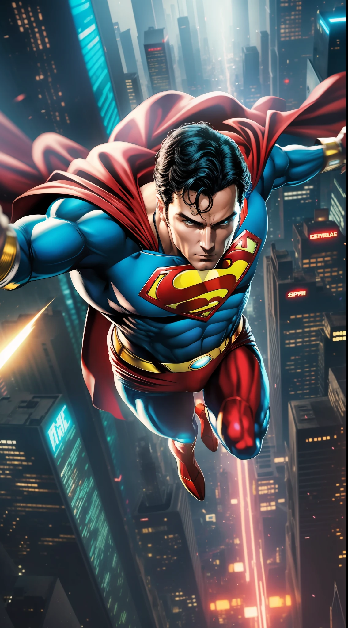 Stylish Superman in the air with cyberpunk background,8k ultra hd wallpaper, realistic