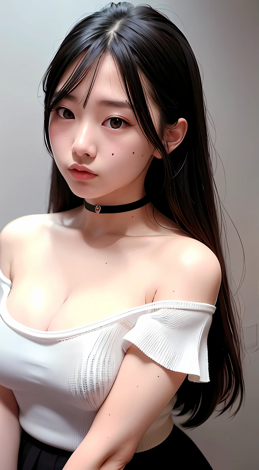 top-quality、超A high resolution、(Photorealsitic:1.4)、女の子1人、Off-shoulder white shirt、Black tight skirt、Black Choker、(faded ash gray hair:1)、(huge-breasted:1)、looking at viewert、a closeup、