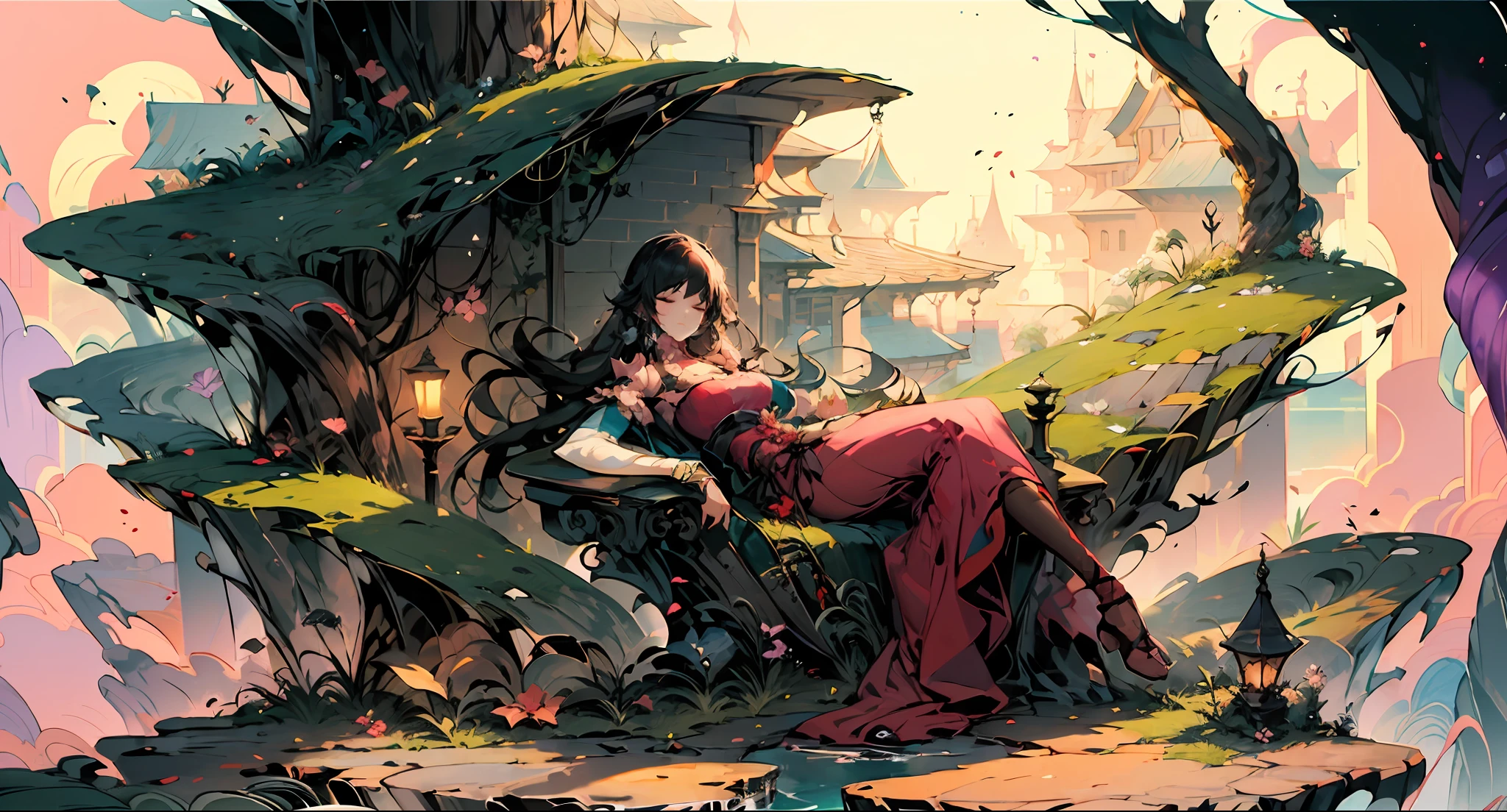 "a woman in a pink dress laying on a chair, fantasy art, princess of amethyst, asleep, in the style of guweiz and ilya kuvshinov with long hair"