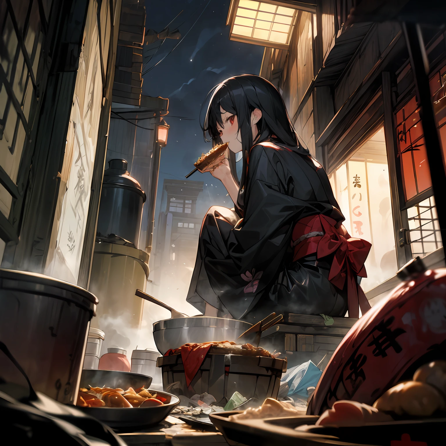 (masterpiece, best quality),(from below,night,trash,junk:1.3),(Back alley in Japan,casserole),1girl,eating,sit on the ground,messy,empty can,black hair,long hair,messy hair,red eyes,black clothes,crate,skewer,tokkuri,sukiyaki,oden