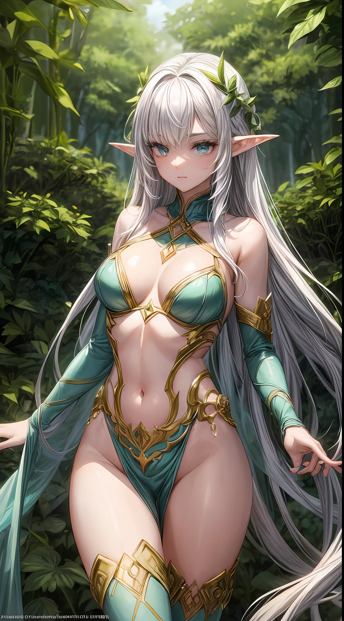 Amidst an enchanted realm, an elf girl dons a striking bikini armor, melding elegance with prowess. Her piercing emerald eyes mirror the lush foliage of her homeland. Silken, silver-white hair cascades gently, brushing the edges of the intricate golden vines that adorn her armor. The armor itself, crafted with a touch of magic, combines protection and allure, revealing the ethereal beauty of her slender figure. In her presence, a harmonious blend of strength and grace emanates, a testament to her prowess in both combat and charm. She stands as a captivating guardian, embodying the essence of elven allure and resilience.