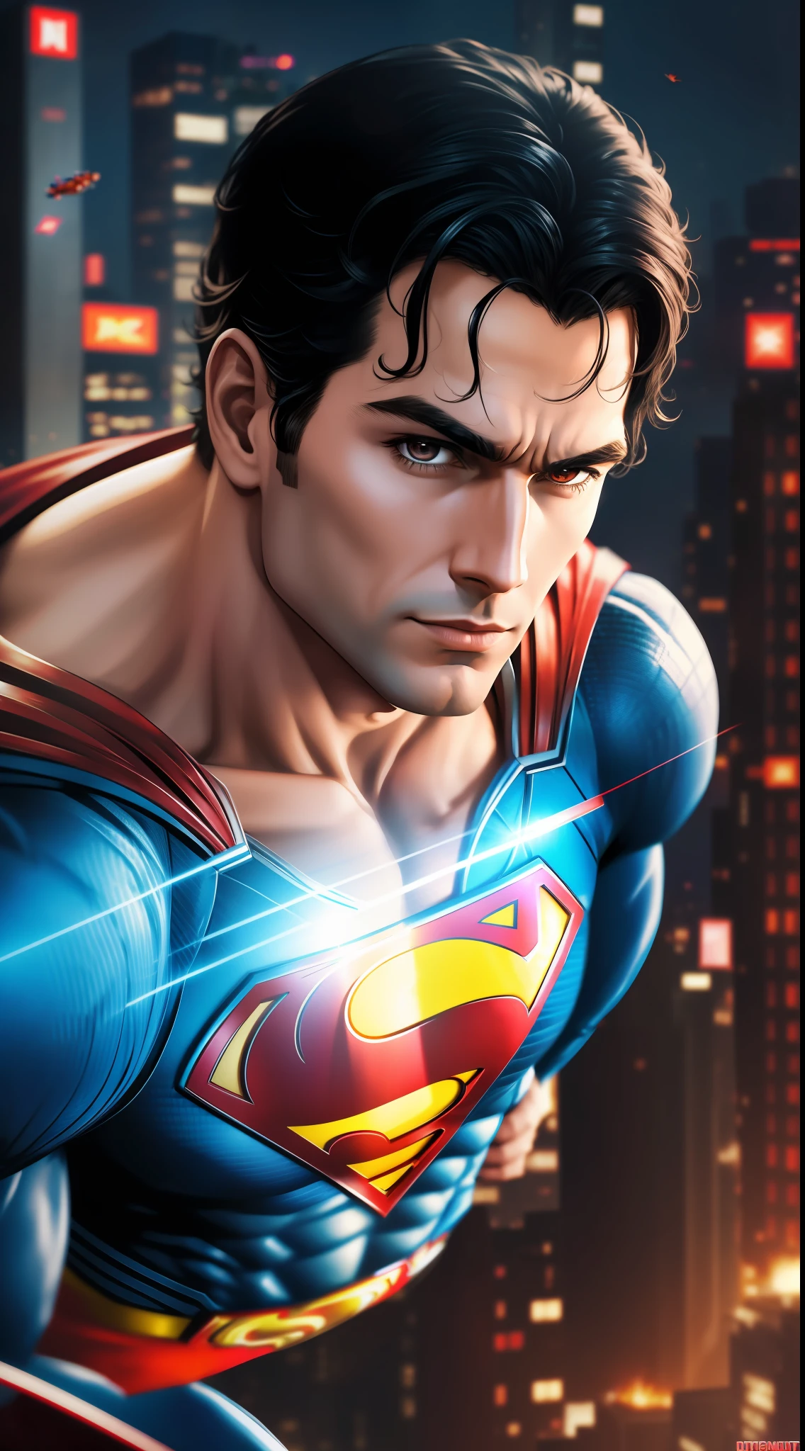 Stylish Superman in the air with cyberpunk background,8k ultra hd wallpaper, realistic