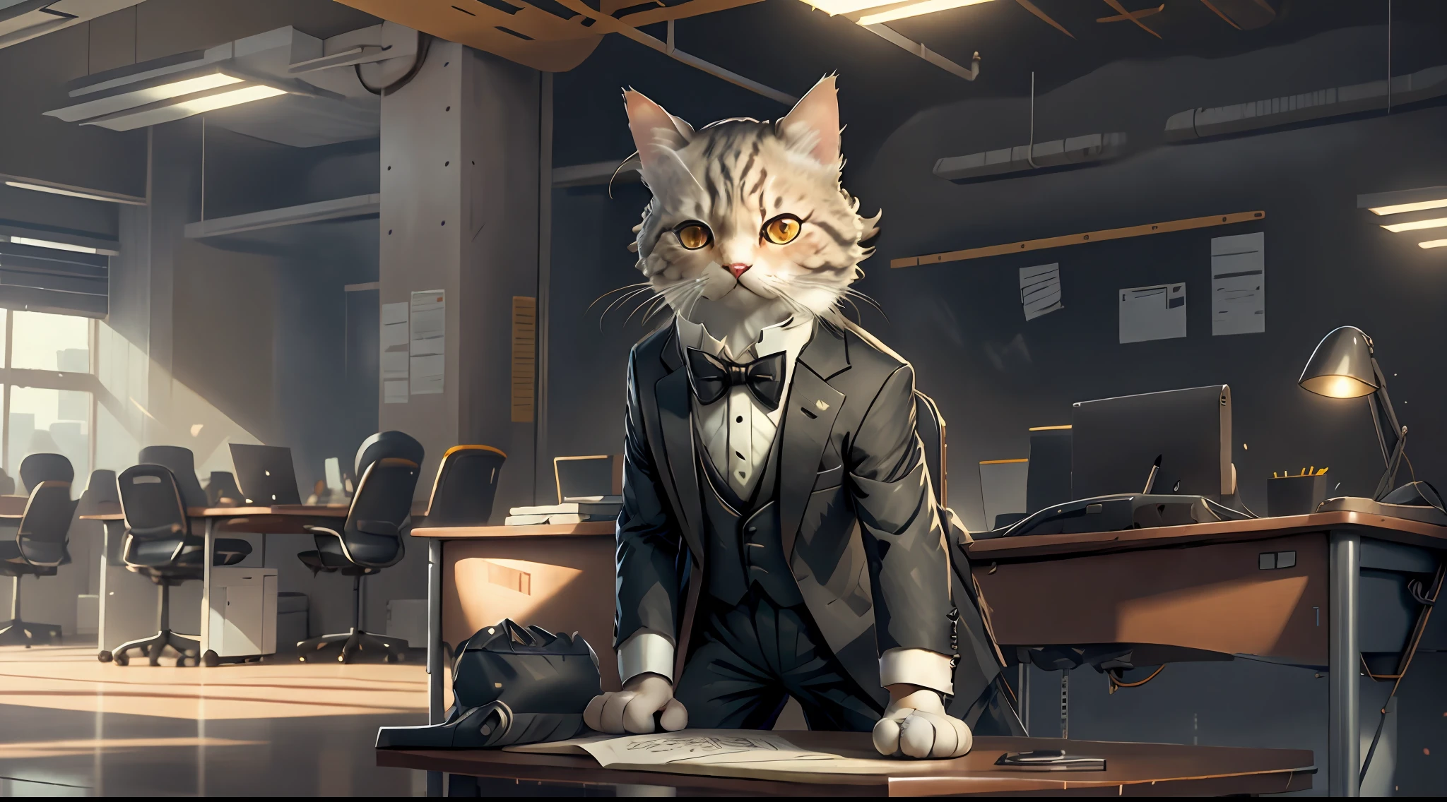 A C4 cat in a tuxedo，office setting，desks,