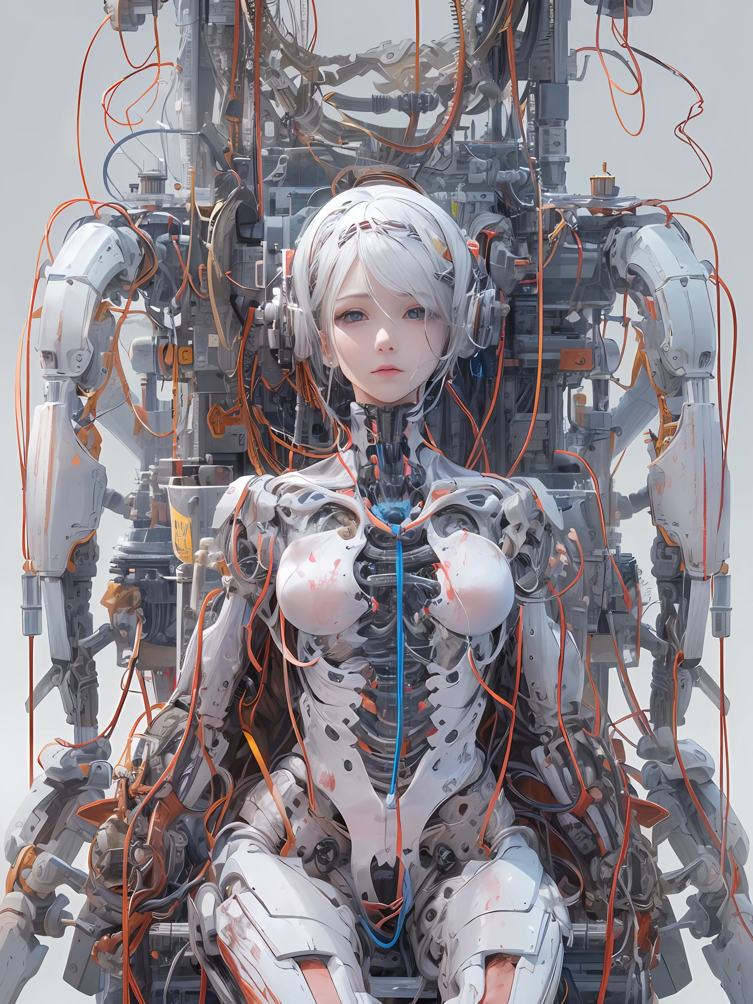 (Masterpiece, Top Quality, Best Quality, Official Art, Beautiful Indulgence: 1.2), (1 Girl: 1.3), Very Detailed, Colorful, Supreme Detail ((Ultra Detailed)), (Highly Detailed CG Illustration), ((From (Very Delicate and Beautiful)), (From Before), Cinematic Light, (1 Mechanical Girl)), Solo, Full Body, (Mechanical Joints: 1.2), ((Mechanical limbs)), (Blood vessels connected to tubes), ( Mechanical vertebrae attached to the back), ((Mechanical cervical vertebrae attached to the neck)), (sitting), expressionless, (wires and cables attached to the neck: 1.2), (Wires and cables attached to the neck: 1.2), (Character focus), science fiction, white background, (Blood: 1.5)