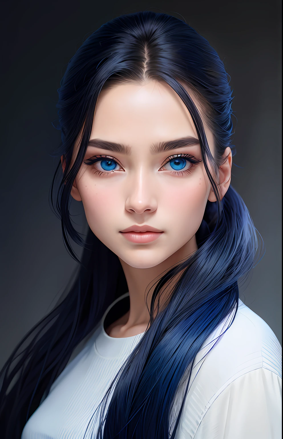 animesque、portraitures、One Person18Beautiful woman of age、Moisturized eyes、Casual clothing、a picture、androgynous hunnuman、oval jaw、Delicate features、beautiful countenance、The hair、long pony tail、Blue eyes with a beautiful glow、LDS Art