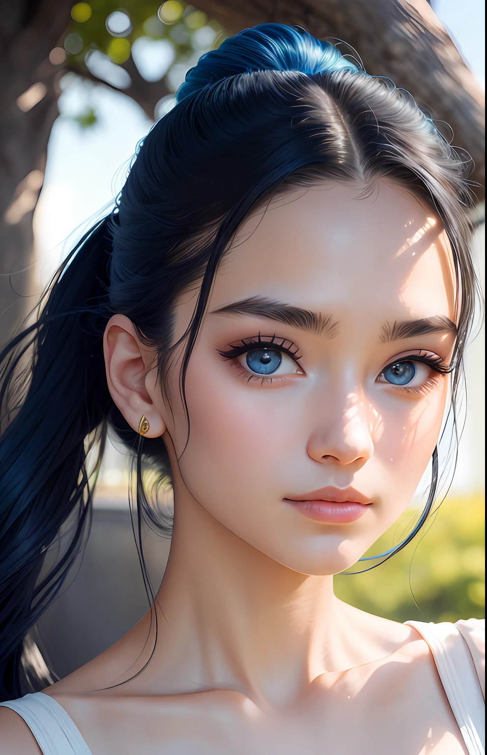 animesque、portraitures、One Person１８Beautiful woman of age、Moisturized eyes、Casual clothing、a picture、androgynous hunnuman、oval jaw、Delicate features、beautiful countenance、The hair、long pony tail、Blue eyes with a beautiful glow、LDS Art