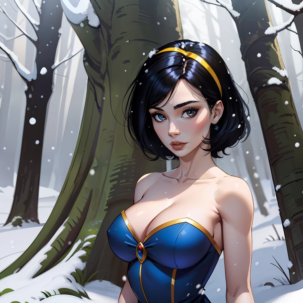 one woman, short black hair, snow white, blue dress with yellow,  in a forest, sexy pose, sexy body, well defined body, detailed body, high quality, masterpiece, 4k, red headband, snow white from fairy tales, Brown eyes