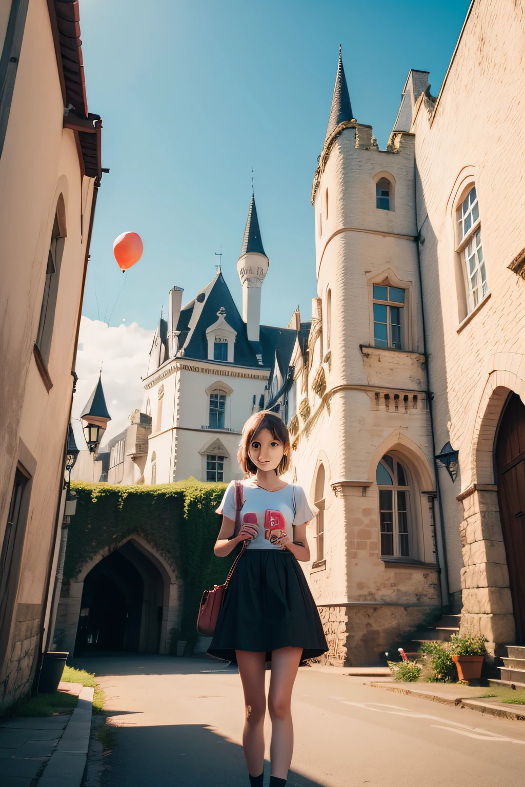 A girl with ice-cream and balloons standing front of a old castle
