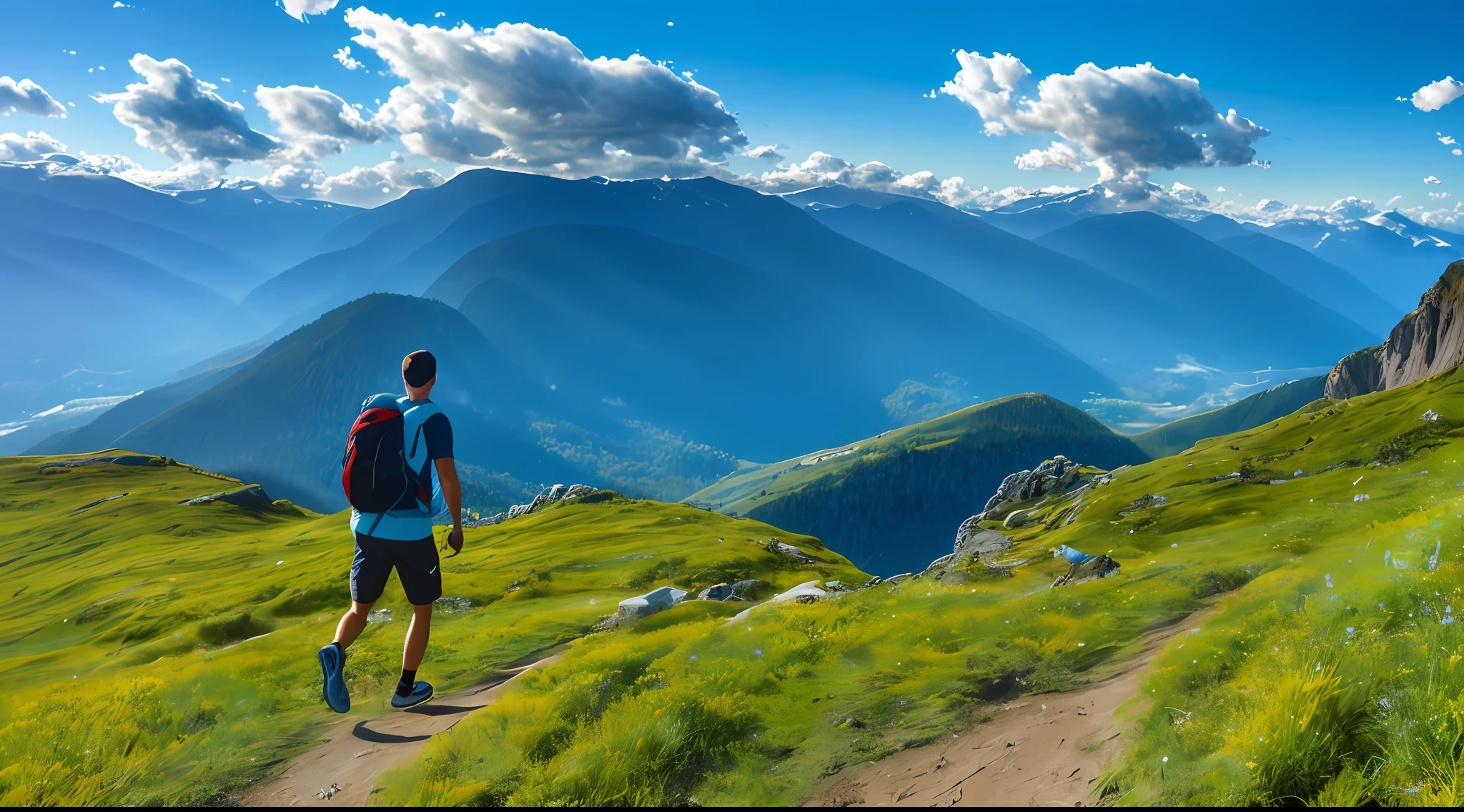 (beautiful and magnificent skyline, majestic sky), (extremely tense and dramatic images, moving visual effects), (Polaris hanging high, colorful natural light), (1girl), (long sleeve top, jean shorts, carrying a backpack), (dynamic pose:1.3, black eyes, black hair cut, sparkling girl)[:0.8], (large pasture), (approaching breeze), (brown hair and background coordination effect:  1.2), (close shot, long shot mix and match)[: :0.9]In the image, we see a panoramic landscape of the distant mountains. The mountains display a variety of shades of green, blue, and brown. In the center of the image, we see João Pé de Galinha walking along the trails, highlighted. His feet are huge and clumsy, filling his shoes and dragging slightly on the floor. He is wearing comfortable clothes for walking and has a backpack on his back. The sky is light blue with some white clouds. The scenery is quiet and serene, and John seems to be enjoying his hike in the mountains.