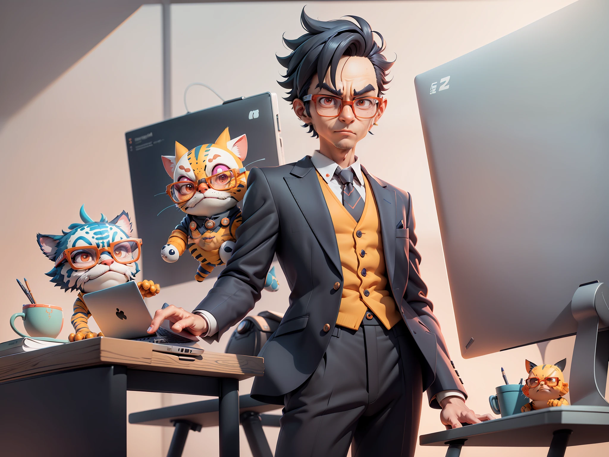 A young man in a suit and pants, Short hair and glasses sat at his desk，holding laptop，digitial painting，tigre，3D character design by Mark Clairen and Pixar and Hayao Miyazaki and Akira Toriyama，4K HD illustration，Very detailed facial features and cartoon-style visuals。