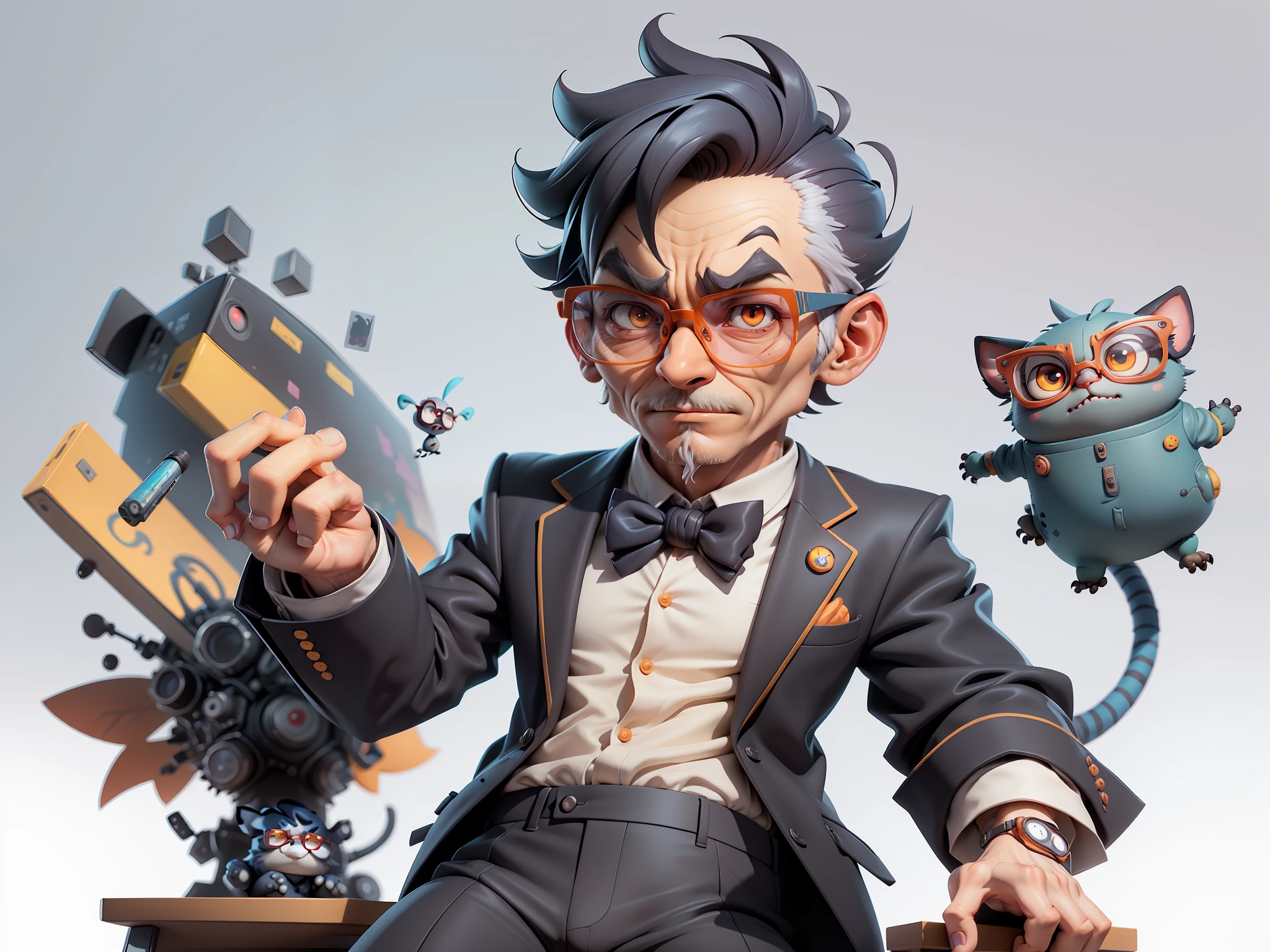 A young man in a suit and pants, Short hair and glasses sat at his desk，holding laptop，digitial painting，tigre，3D character design by Mark Clairen and Pixar and Hayao Miyazaki and Akira Toriyama，4K HD illustration，Very detailed facial features and cartoon-style visuals。