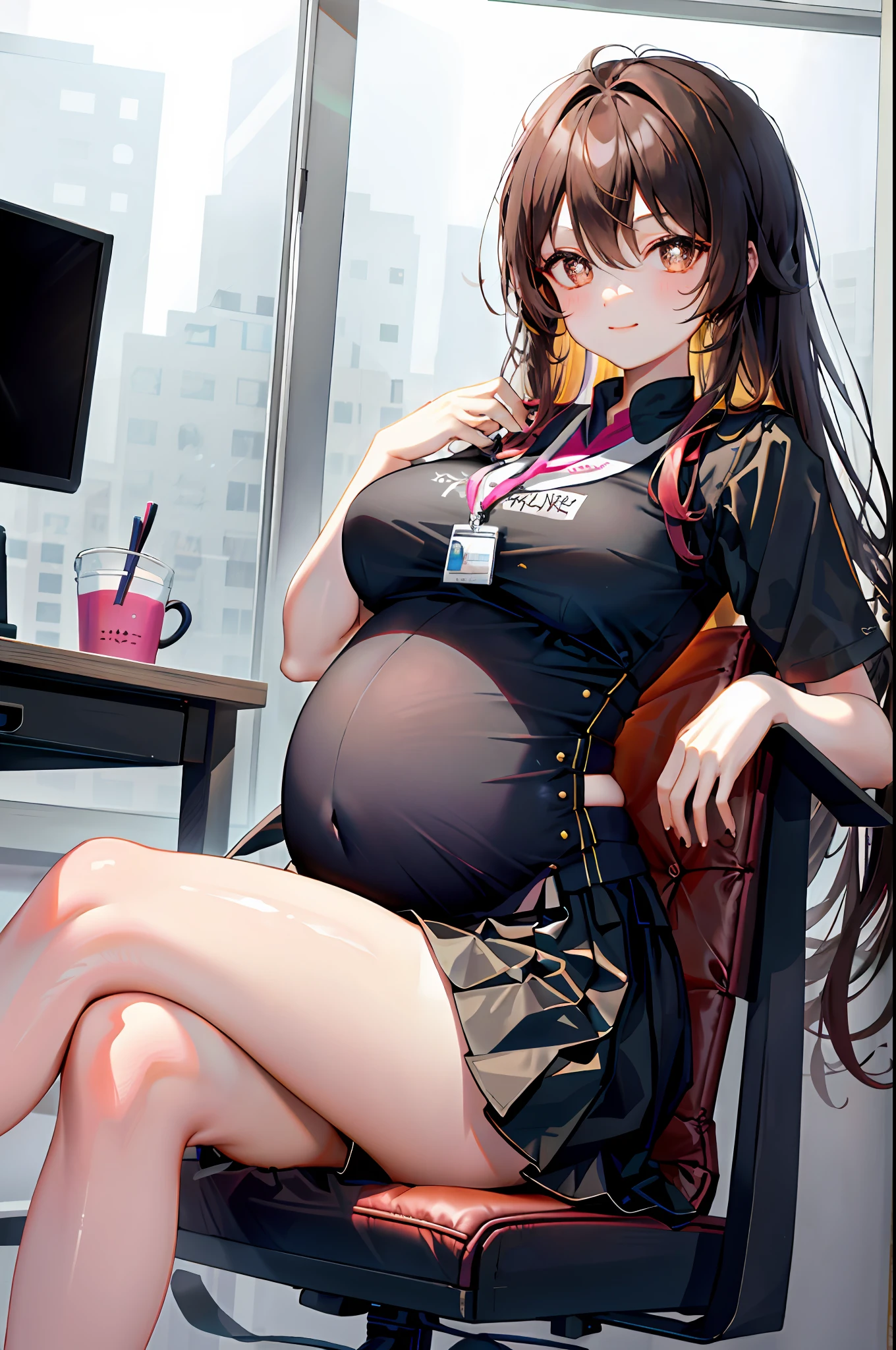 hu tao， 1girll， 独奏， （（white  shirt））， black thighhigns， nedium breasts，， 校服， office backdrop， a black skirt， pleatedskirt， office room， hair between eye， with brown eye， Flower pupils， mediuml breasts， long whitr hair， looking at viewert， brunette color hair， Short brown nails， 独奏， upper legs， upper legs， upper legs， long whitr hair， （（tmasterpiece））， Sat down， a chair， Study desk， Computer on the desk， name badge， ID tags， inside in room， Blushlush， sexyposture，（（long twintail）），Pregnant belly, maternity attire for pregnant women，maternity dress，pregnant belly，Pregnant belly, One-piece tights, cabelos preto e longos, Large breasts, Raised sexy, Charming eyes, ssmile, style of anime, 8k, super detail, of the highest quality
