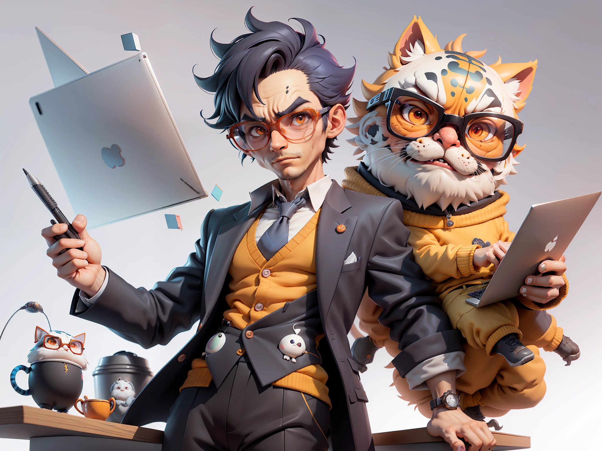 A young man in a suit and pants, Short hair and glasses sat at his desk,holding laptop,digitial painting,tigre,3D character design by Mark Clairen and Pixar and Hayao Miyazaki and Akira Toriyama,4K HD illustration,Very detailed facial features and cartoon-style visuals。