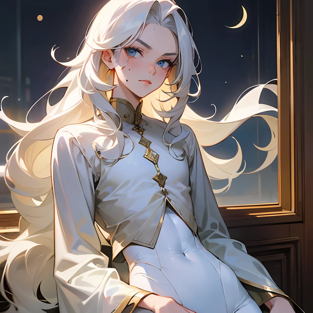 Masterpiece, Top Quality, (Solo Focus), (Perfect Face: 1.1), (High Detail:1.1),Dramatic, 1Guy, (Pale Skin), Long White Hair, White Eyes, [Light Eyebrows], Man, Solo, Long Hair, Moon, Night, White Luxury Suit, Closed Navel, Puffy Lips, (Beauty Marks), Man, Slim Waist, Long White Volume Hair, Curly Hair, Thin, Fair Skin, Delicate Facial Features, Man, Omega, Sexy, Transparent Wide-Sleeved Shirt,  tight pants, blue eyes, young man, white, blonde hair, white hair, man, man, man