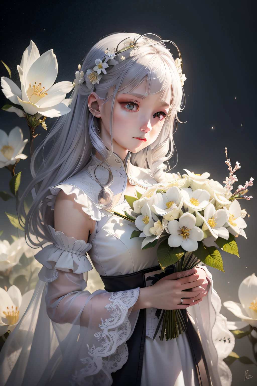A bouquet of white plum blossoms, ultra-transparent, holy light, beautiful spectral light, dew on petals, twinkle, morning background, transparent droplets, reflected light, bright, light flowing inward, optical, portrait silhouette, sharp focus, magical, intricate, surrealism, fantasy, composition, light, art station trend, pearl, silver patronus cloud pair, caustic surround ray family 16k, ureal ar 23v4 uplight