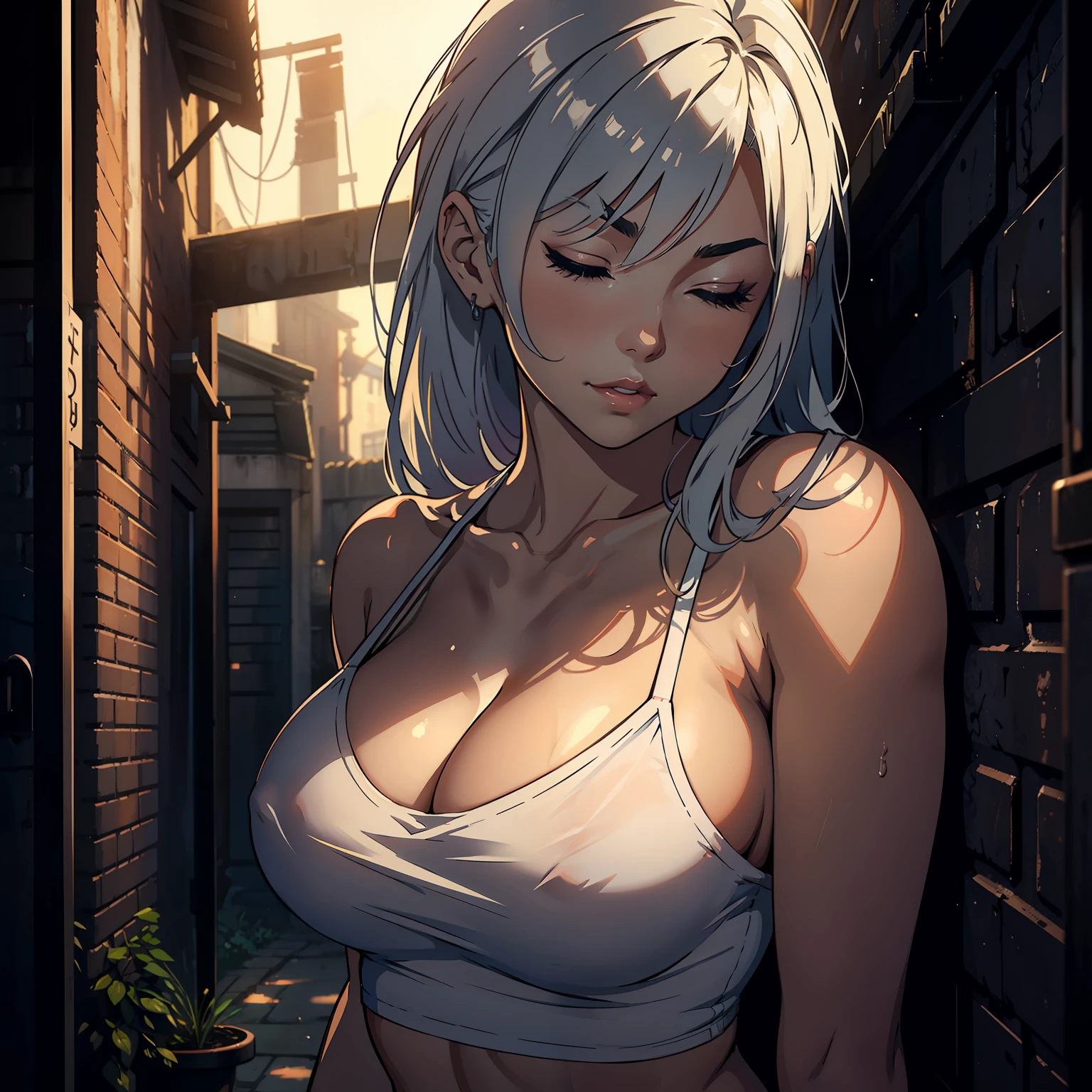 An attractive woman leaning against a wall in a dimly lit alleyway, with her eyes closed and mouth slightly open, expressing pleasure and sensual enjoyment. She is wearing a white tank top that exposes her bare shoulders, and her eyebrows are slanted suggestively.