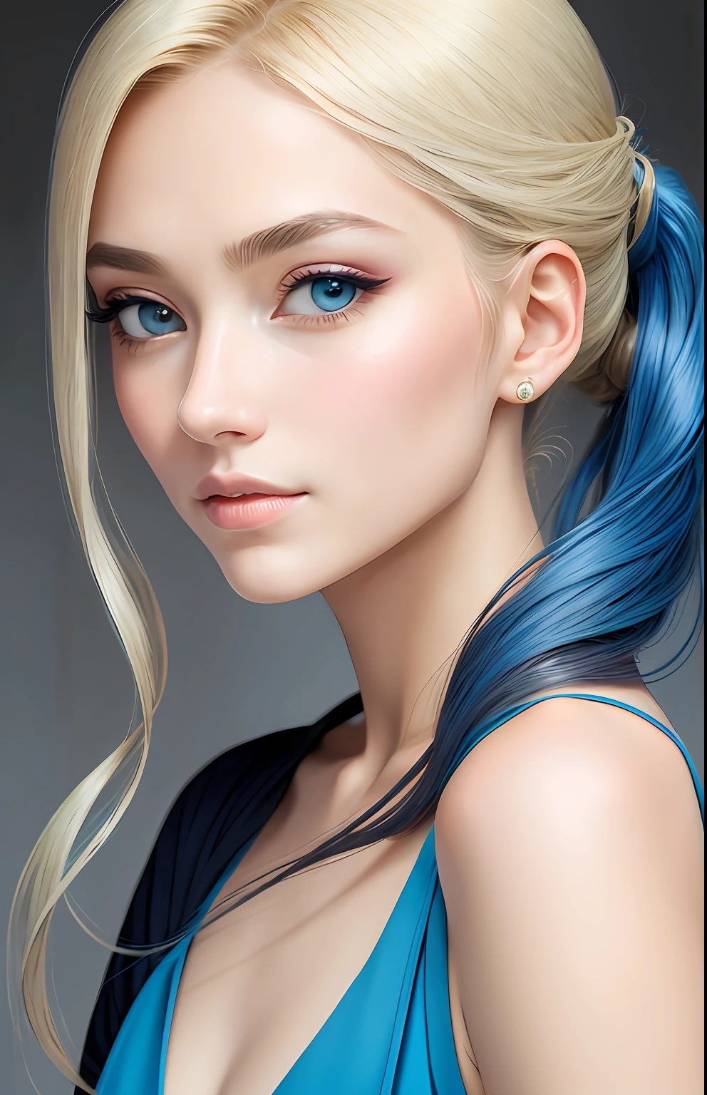 animesque、portraitures、One Person１８Beautiful woman of age、Moisturized eyes、Casual clothing、a picture、androgynous hunnuman、oval jaw、Delicate features、beautiful countenance、The hair、long pony tail、Blue eyes with a beautiful glow、LDS Art