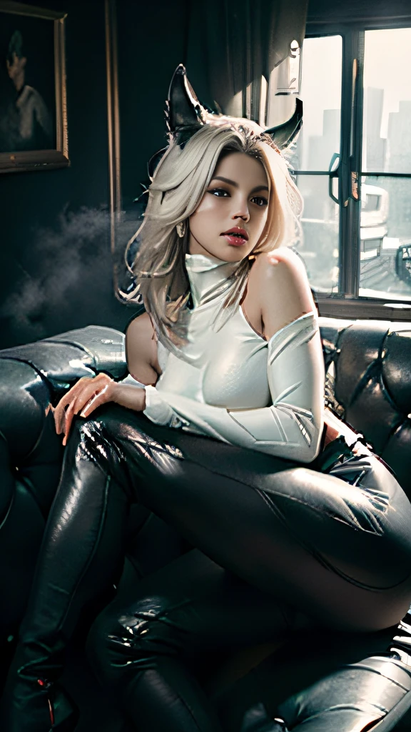 RAW, Masterpiece, Ultra Fine Photo,, Best Quality, Ultra High Resolution, Photorealistic, Sunlight, Full Body Portrait, Stunningly Beautiful,, Dynamic Poses, Delicate Face, Vibrant Eyes, (Side View) , she wears futuristic Batman costume, skinny leather pants, turtleneck top, off shoulders, Batman ears, sitting on a leather sofa, very detailed background, detailed face, detailed busy background, messy, gorgeous, Milky white, high detailed skin, realistic skin detail, visible pores, sharp focus, volumetric fog, 8k uhd, dslr, high quality, film grain, fair skin, photorealism, lomography, in a future dystopia sprawling metropolis, seen from below, translucent
