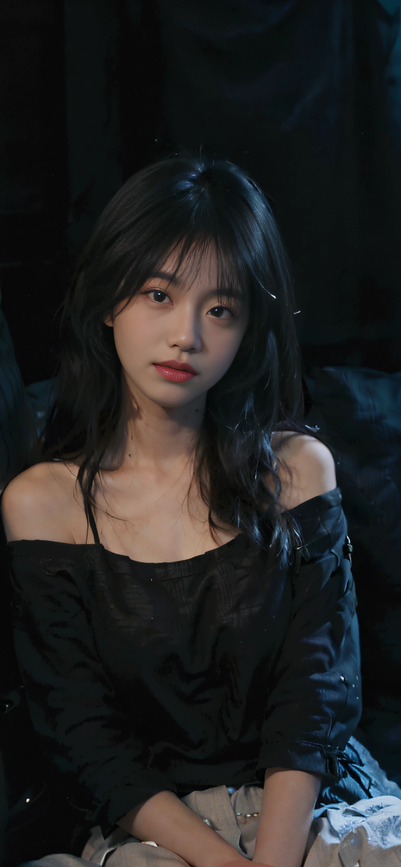 (xx),(in the dark:2),(night:1.6)
Best quality, masterpiece, ultra high res, (photorealistic:1.4), 1girl, offshoulder, (deep shadow:1.2),long hair, low key,black hair,