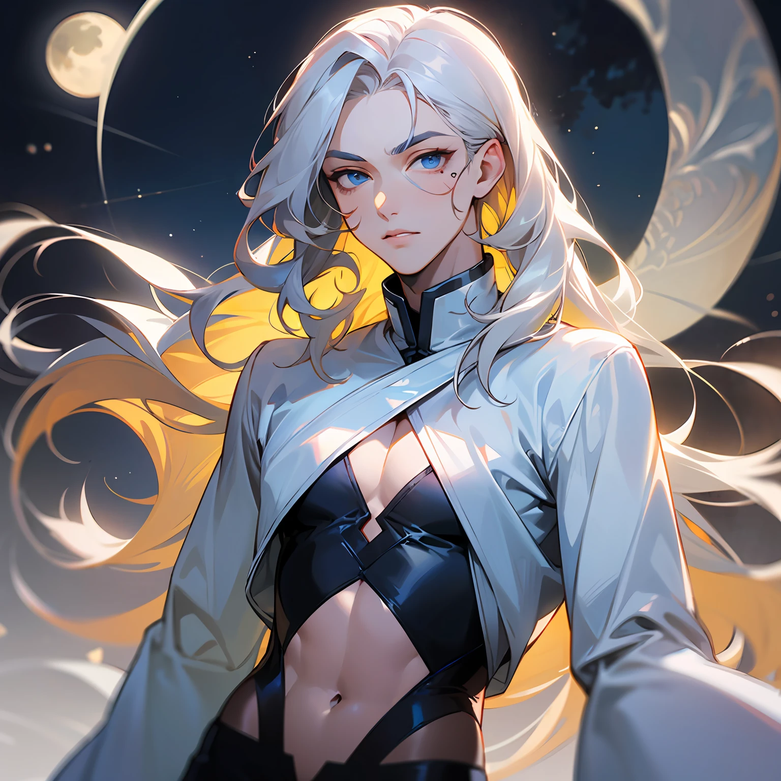 Masterpiece, Top Quality, (Solo Focus), (Perfect Face: 1.1), (High Detail:1.1),Dramatic, 1Guy, (Pale Skin), Long White Hair, White Eyes, [Light Eyebrows], Man, Solo, Long Hair, Moon, Night, White Luxury Suit, Closed Navel, Puffy Lips, (Beauty Marks), Man, Slim Waist, Long White Volume Hair, Curly Hair, Thin, Fair Skin, Delicate Facial Features, Man, Omega, Sexy, Transparent Wide-Sleeved Shirt,  tight pants, blue eyes, young man, white, blonde hair, white hair, man, man, man