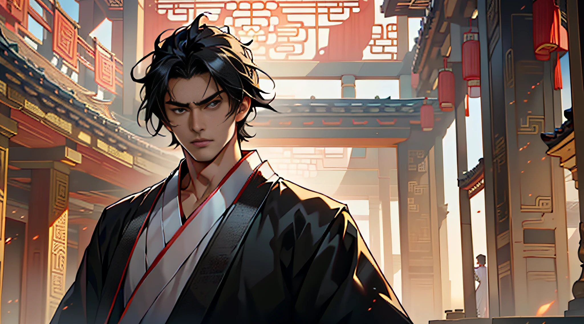 1, (1 person) (Boy, (((Black coat))), ((Black Hanfu youth)), (((Black hair))), King in the air, Gorgeous, Handsome, Outstanding temperament, His face suddenly changed, He hurriedly defended himself) (Background: Inside the sacred and magnificent ancient Chinese imperial palace).