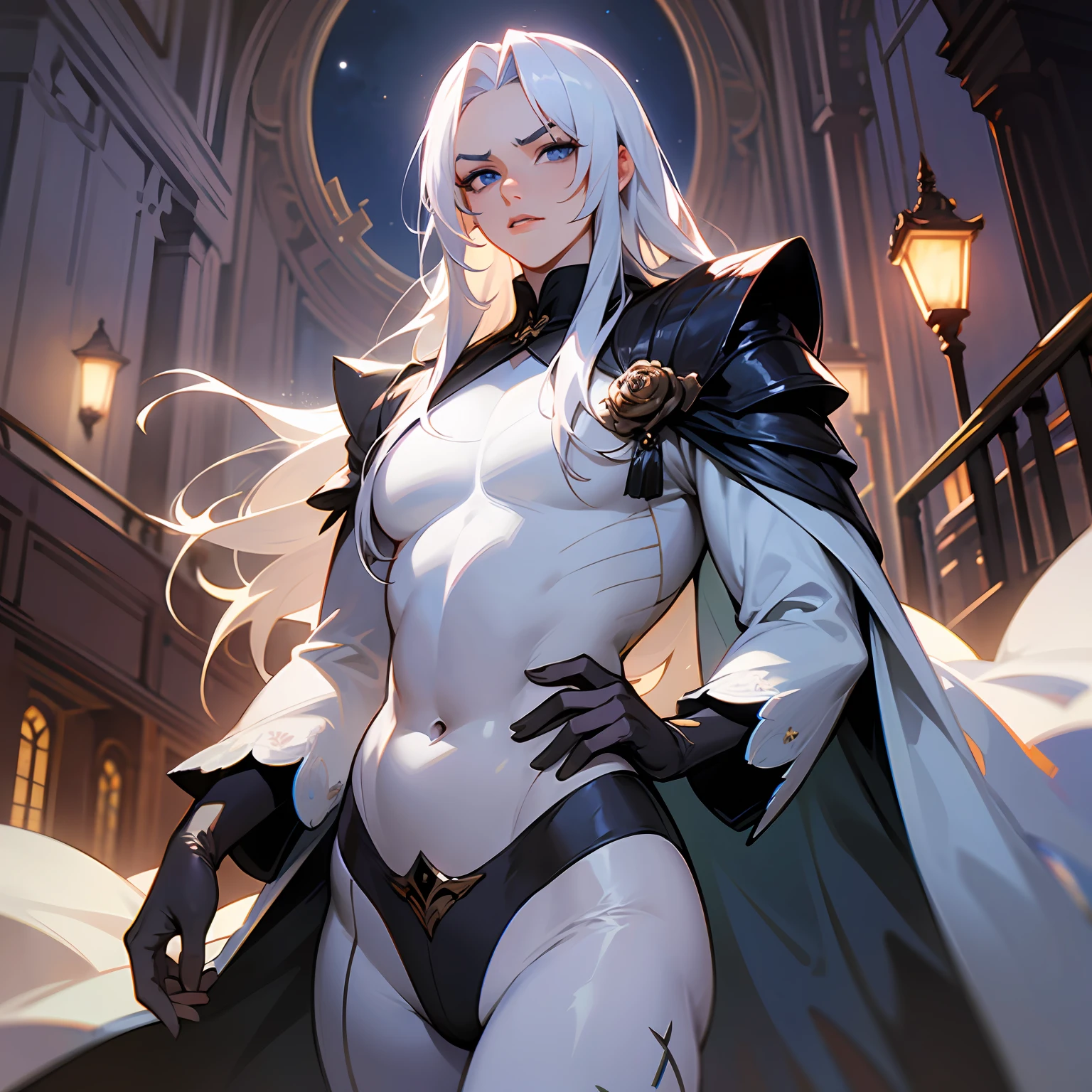 Masterpiece, highest quality, (solo focus), (perfect face: 1.1), (high detail: 1.1), dramatic, 1guy, (pale skin), long white hair, white eyes, [light eyebrows], man, solo, long hair, moon, night, white luxury suit, closed navel, plump lips, (beauty signs), gothic city, detailed background, art by Artgerm and Greg Rutkowski, cinematic lighting, roses, beautiful. Young man, slim waist, palms hidden under long sleeves, long white hair, blue eyes