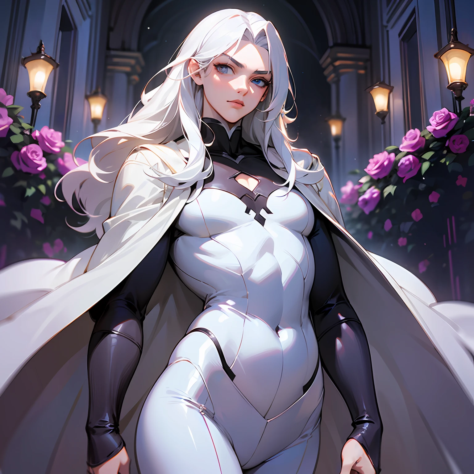 Masterpiece, highest quality, (solo focus), (perfect face: 1.1), (high detail: 1.1), dramatic, 1guy, (pale skin), long white hair, white eyes, [light eyebrows], man, solo, long hair, moon, night, white luxury suit, closed navel, plump lips, (beauty signs), gothic city, detailed background, art by Artgerm and Greg Rutkowski, cinematic lighting, roses, beautiful. Young man, slim waist, palms hidden under long sleeves, long white hair, blue eyes