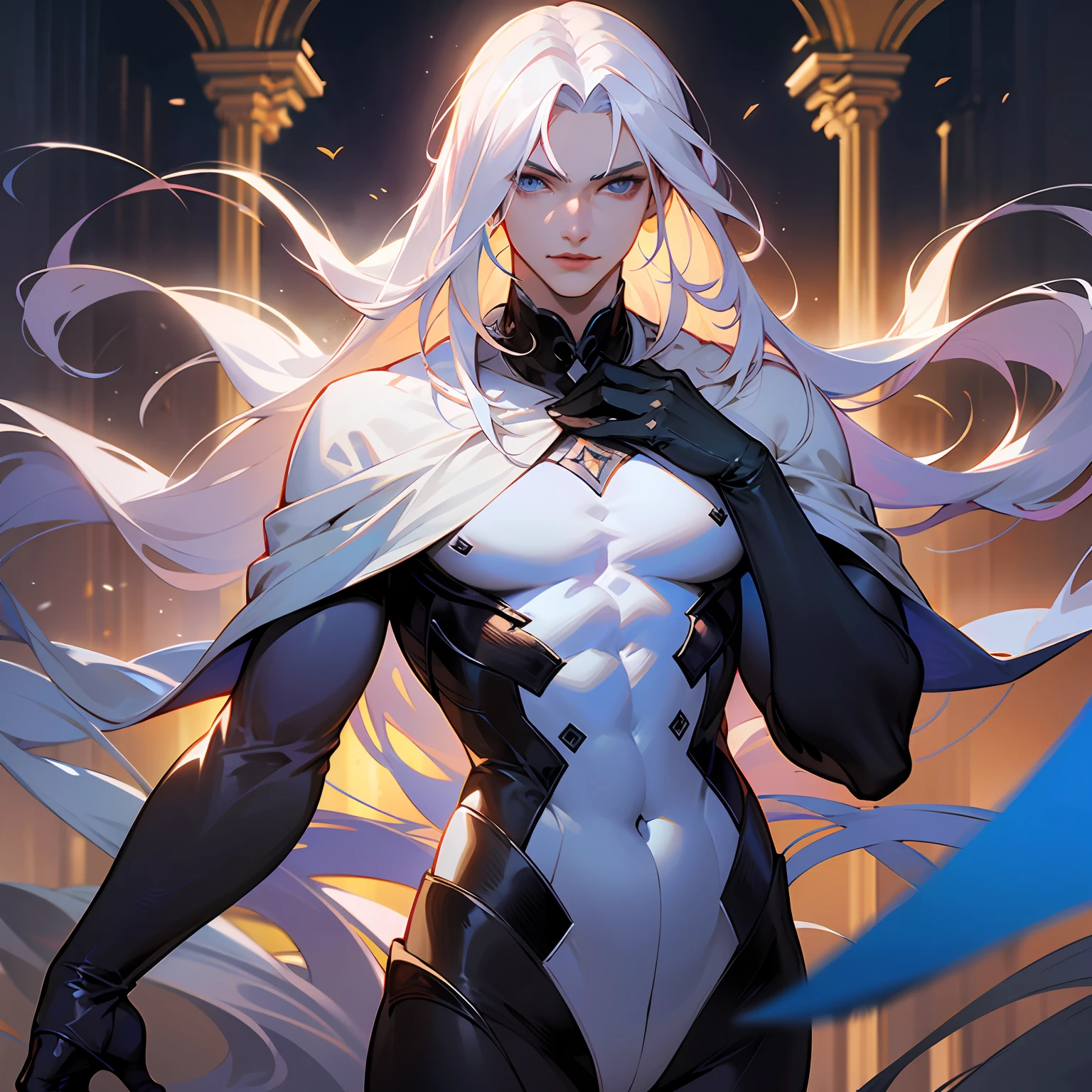 Masterpiece, highest quality, (solo focus), (perfect face: 1.1), (high detail: 1.1), dramatic, 1guy, (pale skin), long white hair, white eyes, [light eyebrows], man, solo, long hair, moon, night, white luxury suit, closed navel, plump lips, (beauty signs), gothic city, detailed background, art by Artgerm and Greg Rutkowski, cinematic lighting, roses, beautiful. Young man, slim waist, palms hidden under long sleeves, long white hair, blue eyes