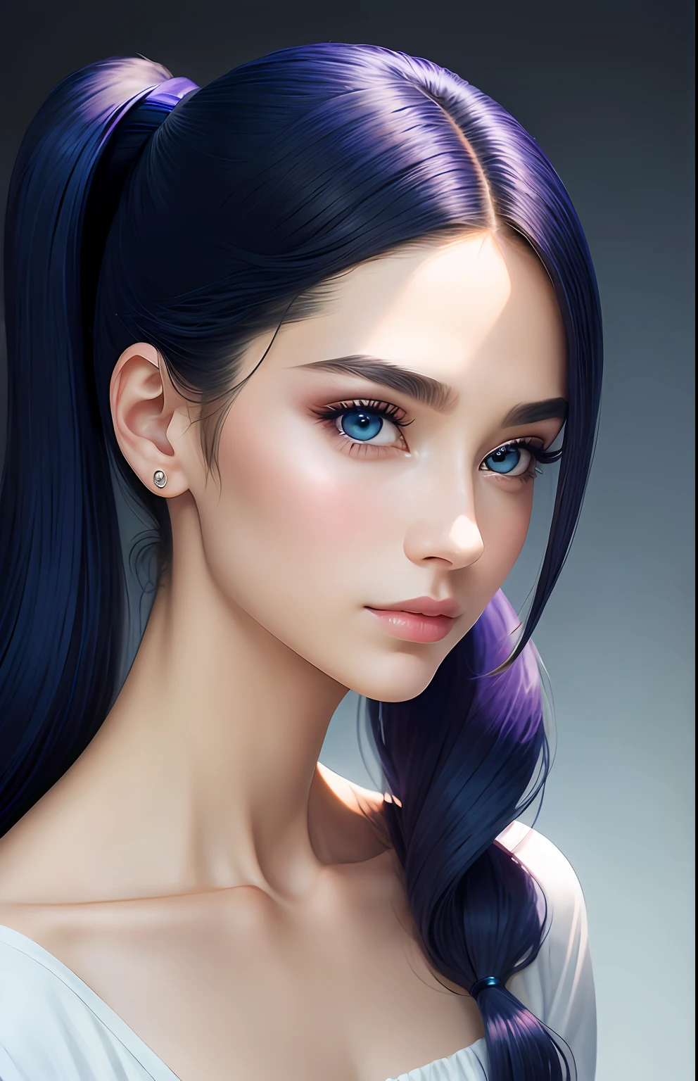 animesque、portraitures、One Person１９Beautiful woman of age、Moisturized eyes、Casual clothing、a picture、androgynous hunnuman、oval jaw、Delicate features、beautiful countenance、The hair、long pony tail、Blue eyes with a beautiful glow、LDS Art