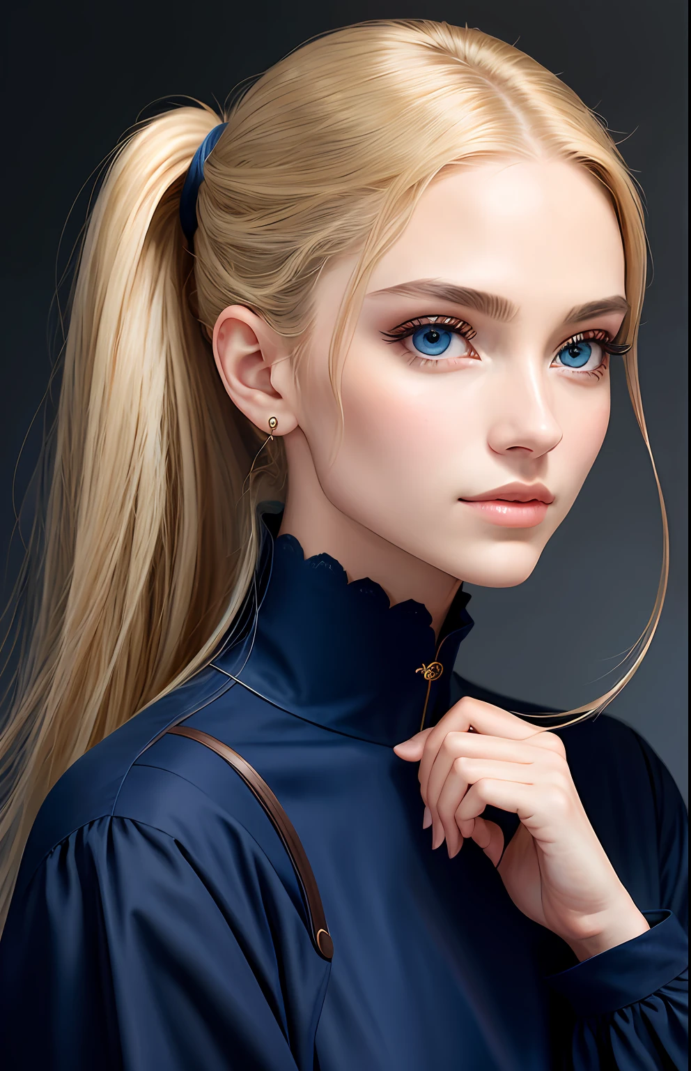animesque、portraitures、One Person19Beautiful woman of age、Moisturized eyes、Casual clothing、a picture、androgynous hunnuman、oval jaw、Delicate features、beautiful countenance、The hair、long pony tail、Blue eyes with a beautiful glow、LDS Art