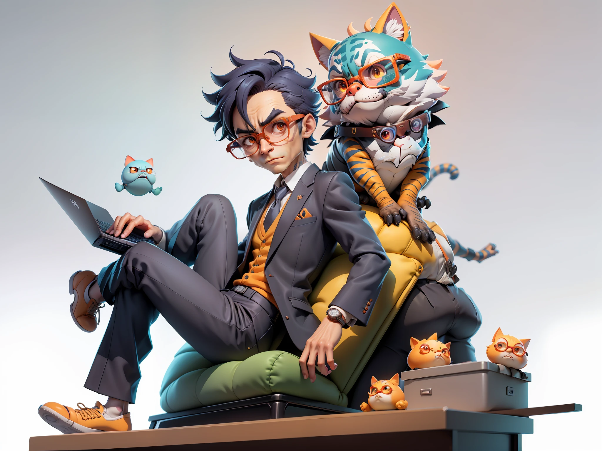 A young man in a suit and pants, Short hair and glasses sat at his desk，holding laptop，digitial painting，tigre，3D character design by Mark Clairen and Pixar and Hayao Miyazaki and Akira Toriyama，4K HD illustration，Very detailed facial features and cartoon-style visuals。