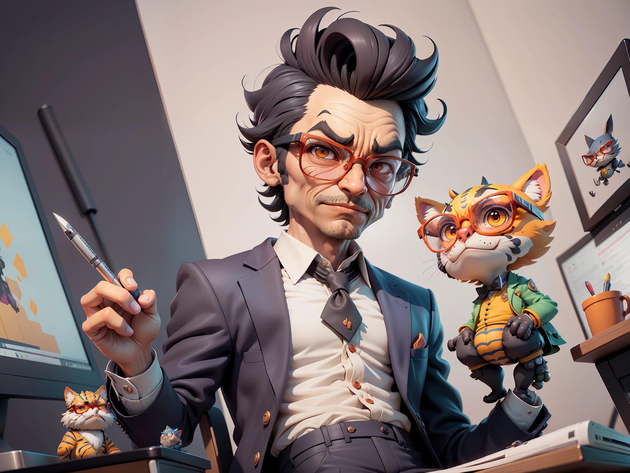 A young man in a suit and pants, Short hair and glasses sat at his desk,holding laptop,digitial painting,tigre,3D character design by Mark Clairen and Pixar and Hayao Miyazaki and Akira Toriyama,4K HD illustration,Very detailed facial features and cartoon-style visuals。