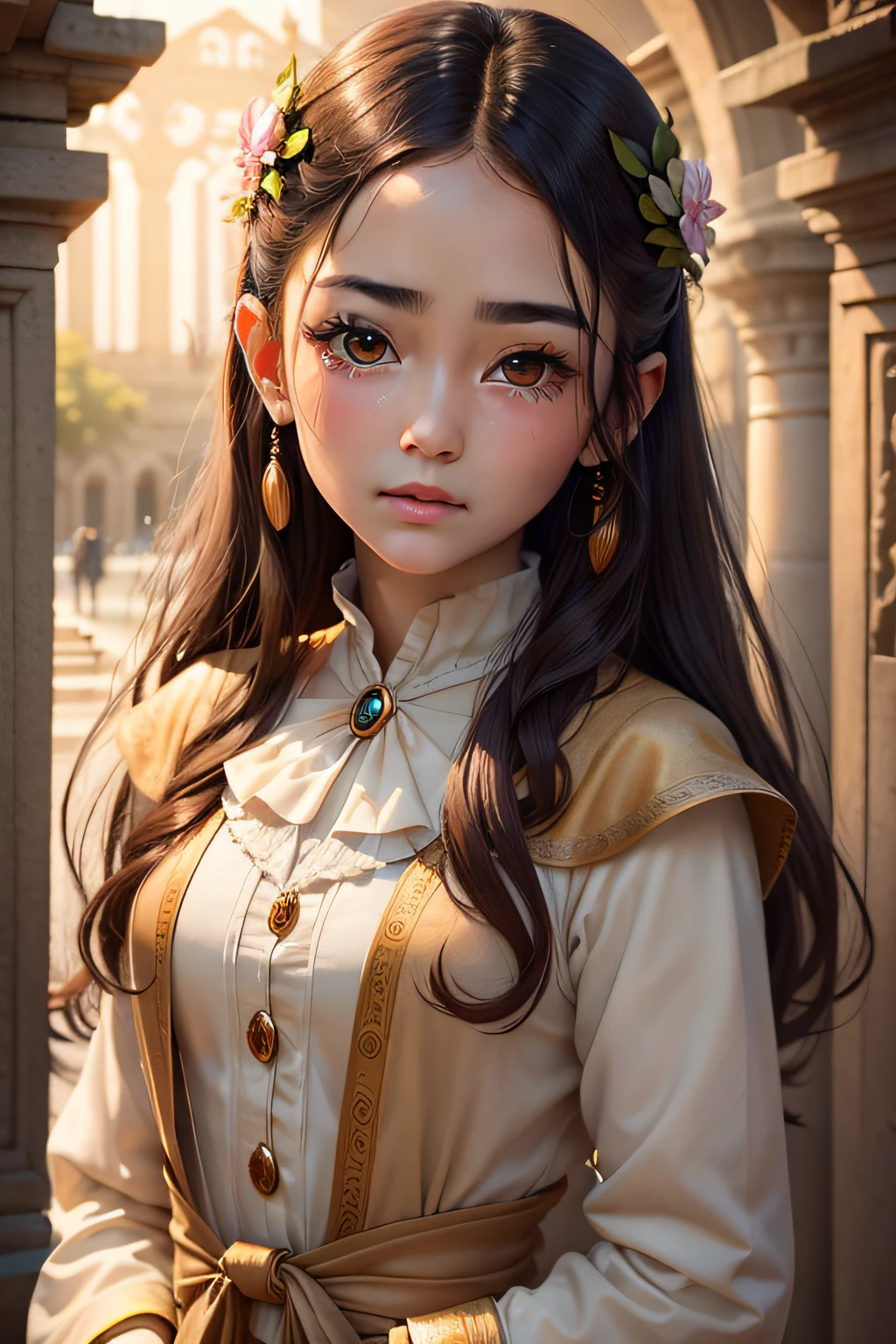 Willow eyebrows,Apricot eyes,soulful eyes,There were tears in my eyes,The body is weak,Cherry small mouth,Beautiful as a fairy,photorealestic,Bust photo,clothed in ancient suit,