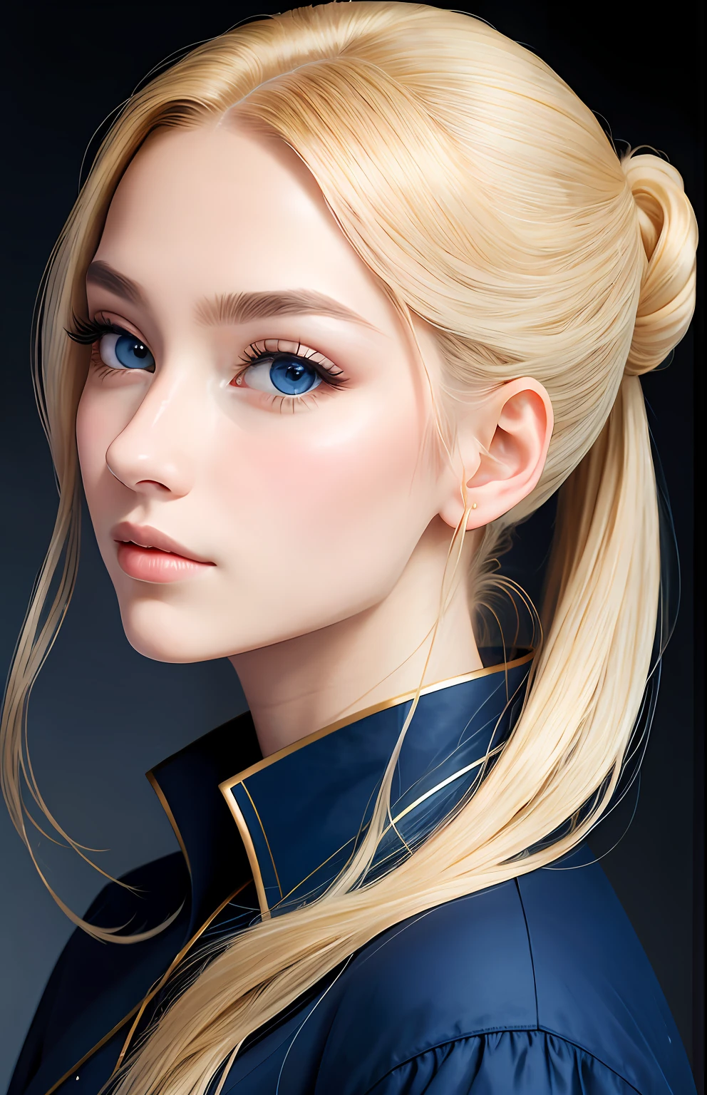 animesque、portraitures、One Person18Beautiful woman of age、Moisturized eyes、Casual clothing、a picture、androgynous hunnuman、oval jaw、Delicate features、beautiful countenance、The hair、long pony tail、Blue eyes with a beautiful glow、LDS Art