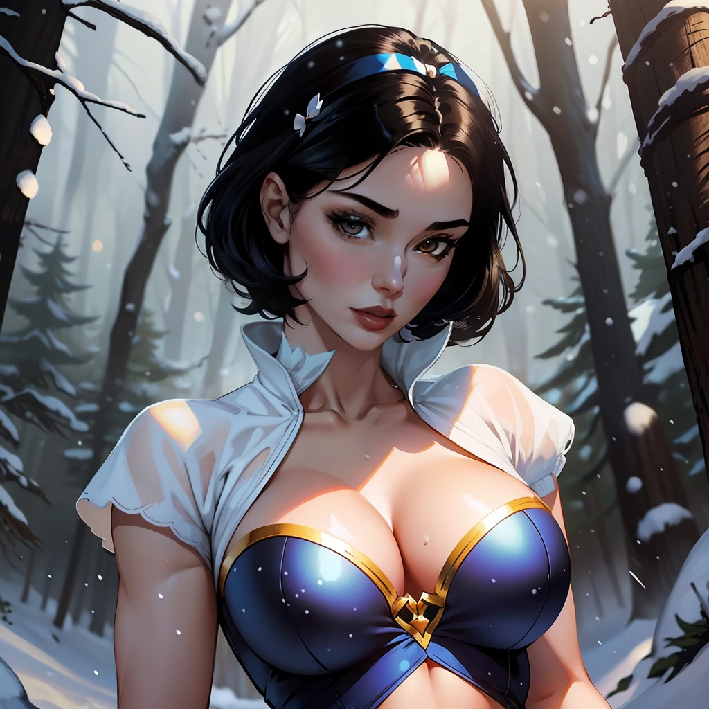 one woman, short black hair, snow white, blue dress with yellow, in a forest, sexy pose, sexy body, well defined body, detailed body, high quality, masterpiece, 4k, red headband, snow white from fairy tales, Brown eyes