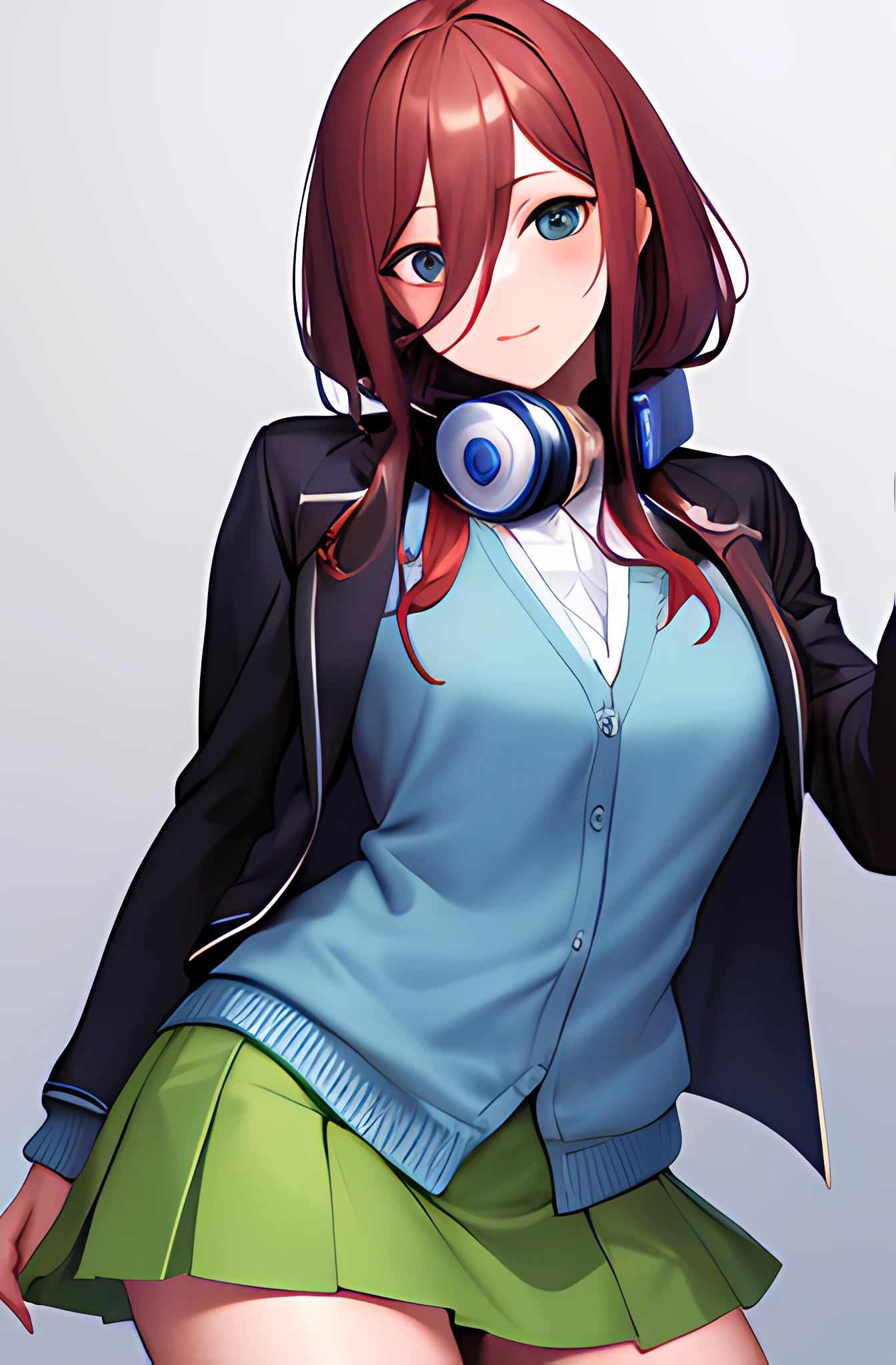Masterpiece, Best Quality, hight resolution, nm1, Headphones around the neck, school uniform, long sleeves, blue cardigan, green skirt, pantyhouse, black jacket, open jacket, Cowboy shot, Standing,