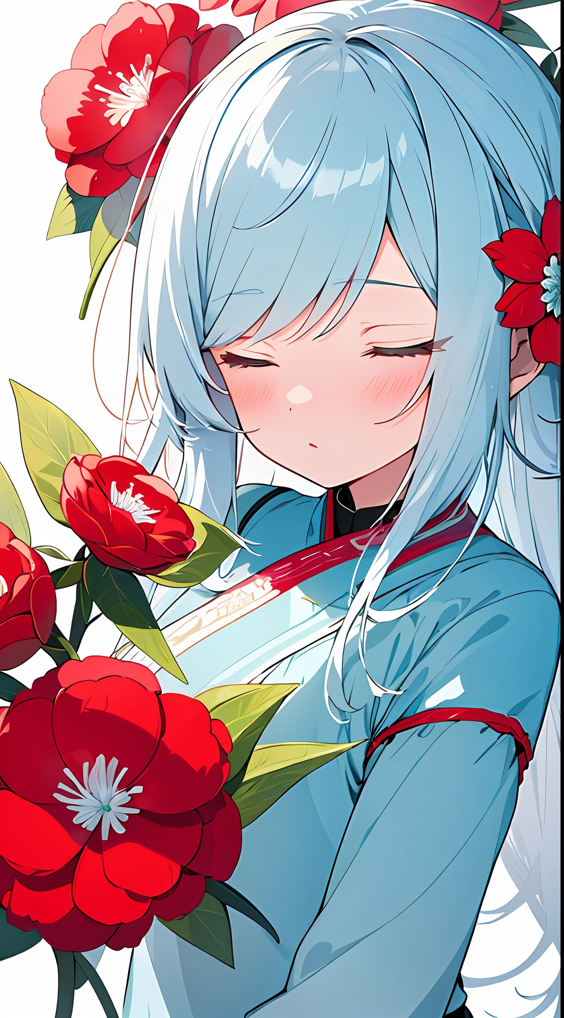 white background,white flat color,iridescent flower,aqua flower,red flower,red japonica camellia,japonica,closed eyes,aqua eyelashes,white hair,monochrome,gradient flower,blue illustration、teens girl、masterpiece、top-quality、Top image quality