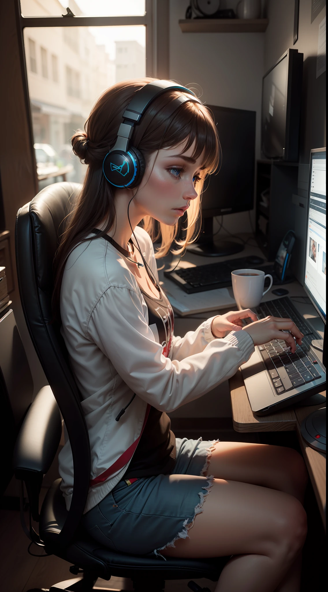 (Masterpiece), (4k resolution), best quality, ultra detail,Someone is playing a computer game while sitting and wearing headphones