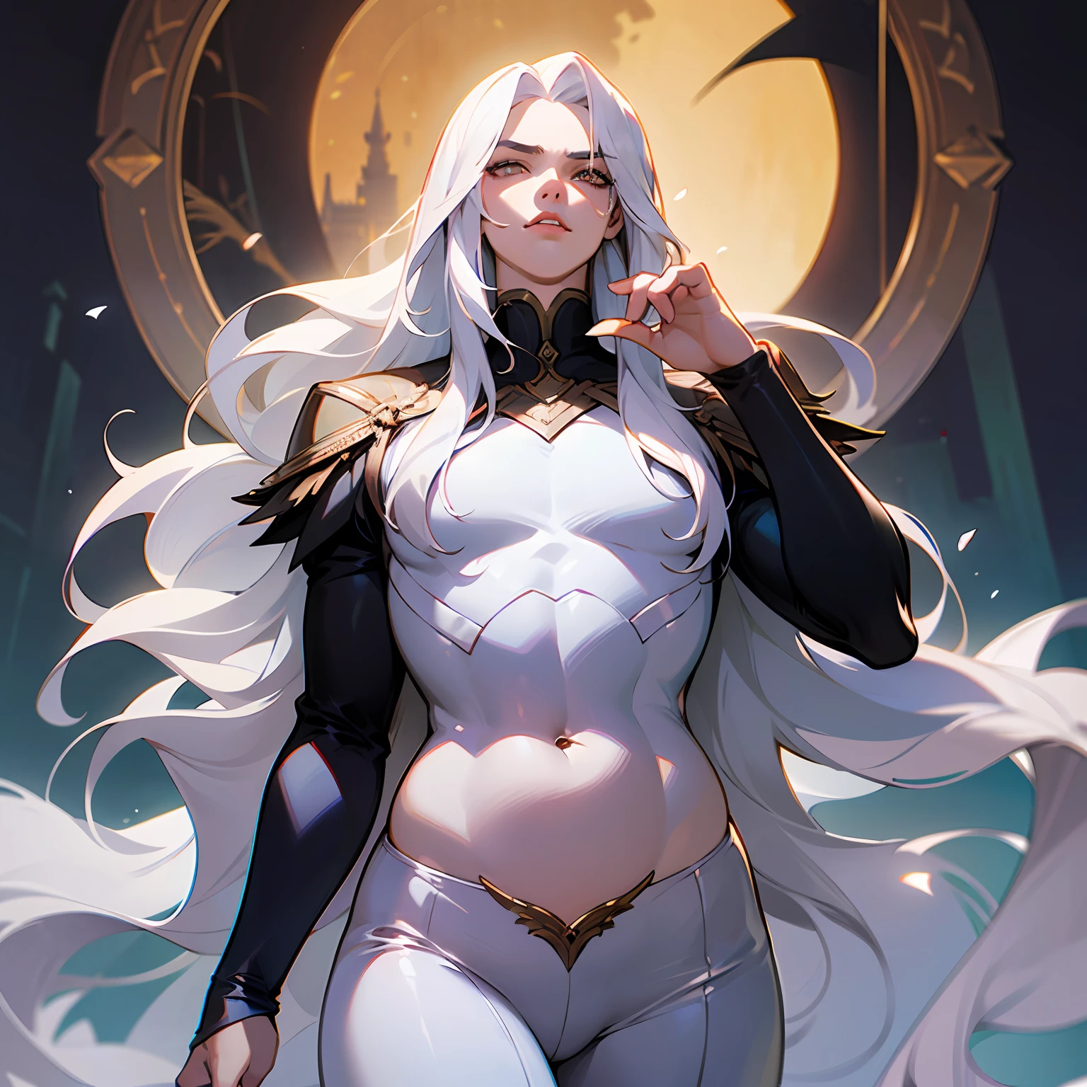 Masterpiece, highest quality, (solo focus), (perfect face: 1.1), (high detail: 1.1), dramatic, 1guy, (pale skin), long white hair, white eyes, [light eyebrows], man, solo, long hair, moon, night, white luxury suit, closed navel, plump lips, (beauty signs), gothic city, detailed background, art by Artgerm and Greg Rutkowski, cinematic lighting, roses, beautiful. Young man, slim waist, palms hidden under long sleeves, long white hair