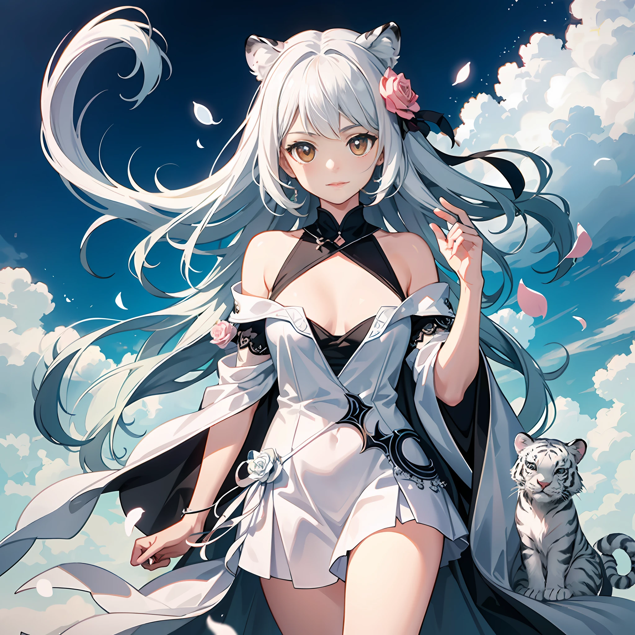 In this ultra-detailed CG art,Cute little white tiger surrounded by ethereal roses,Best quality at best,A high resolution,Complicated details,fanciful,Cute animal 1080P